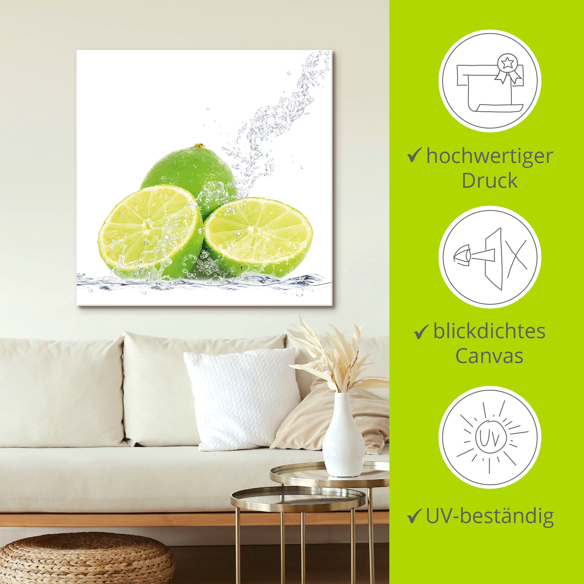 Artland Wandbild »Limette mit Spritzwasser«, Lebensmittel, (1 St.), als Leinwandbild, Poster, Wandaufkleber in verschied. Größen