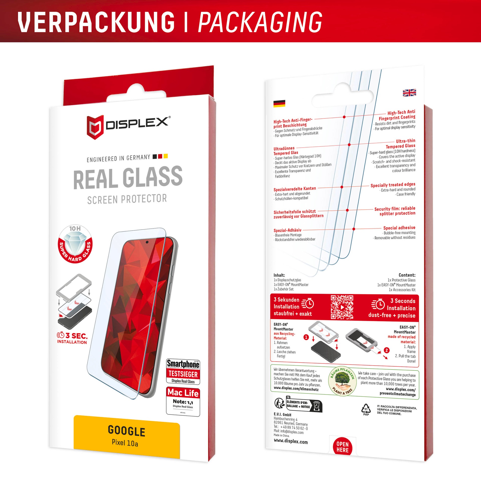 Displex Displayschutzglas »Real Glass Screen Protector mit MountMaster« für Google Pixel 10a Displayschutzfolie, Schutzfolie, Bildschirmschutz, kratz- & stoßfest