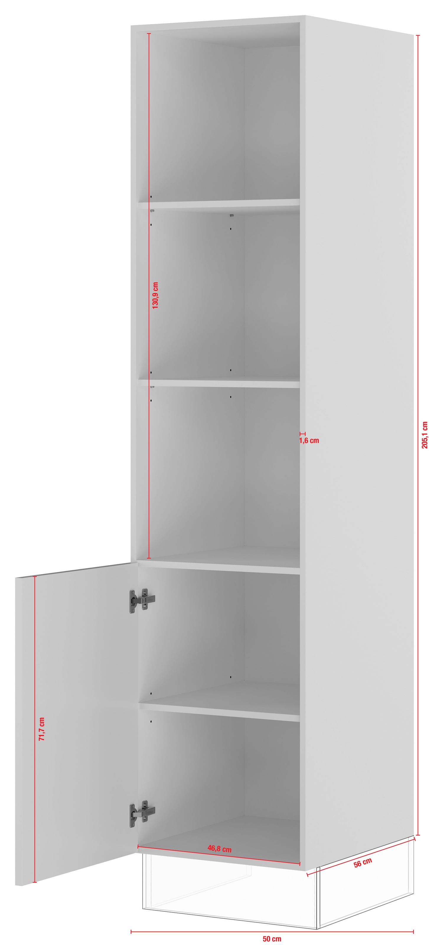 IMPULS KÜCHEN Seitenschrank »"Prag", Breite/Höhe: 50/205,1 cm« vormontiert, mit Drehtür, mit verstellbaren Fachböden