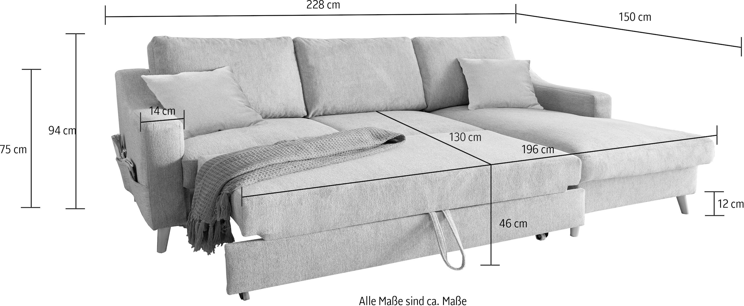 INOSIGN Ecksofa »Valentina L-Form«, 2 Zierkissen, mit Seitentasche, ausziehbarer Liegefläche, Bettkasten