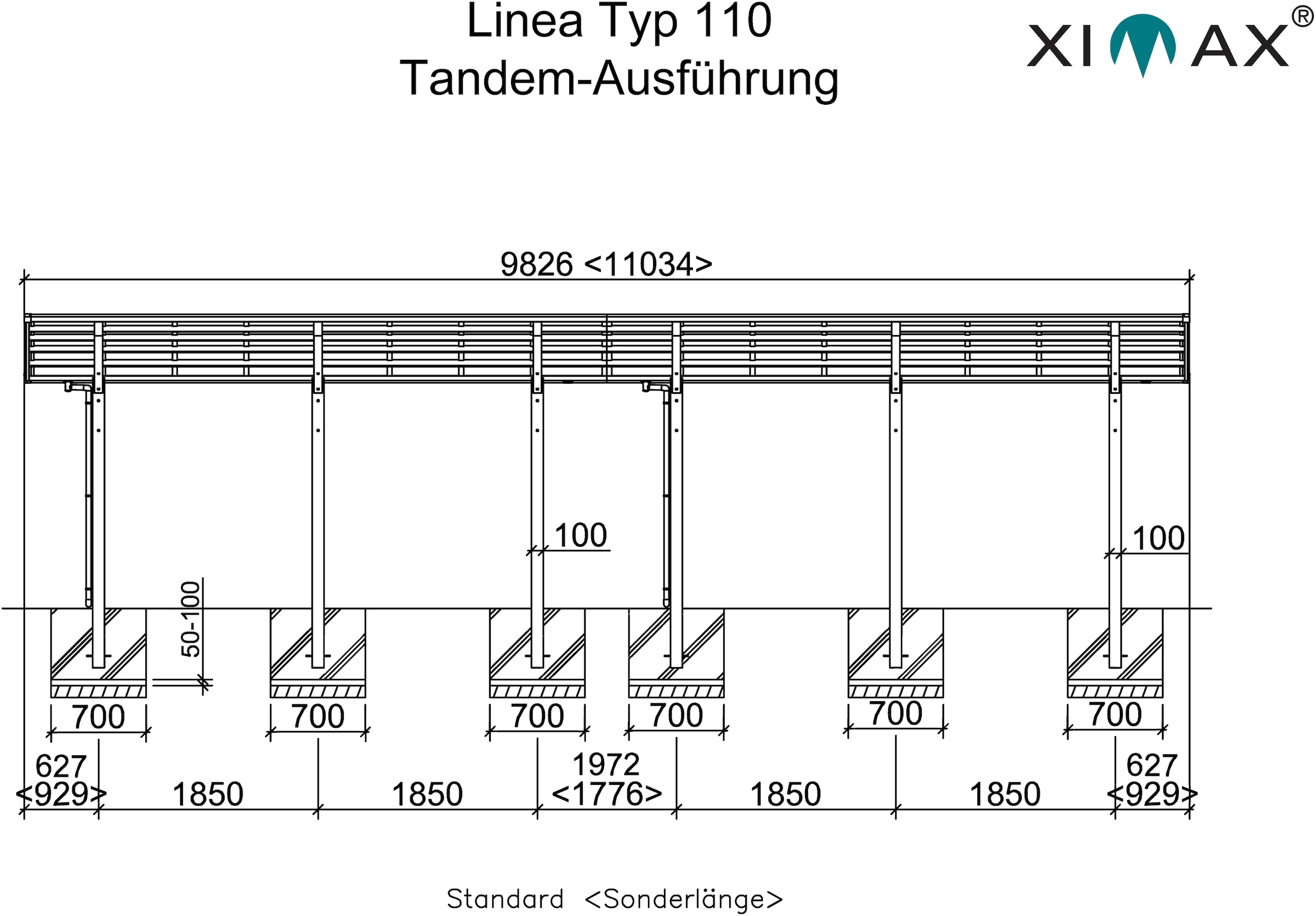 Aluminium, Ximax »Linea online Aluminium kaufen Tandem-Edelstahl-Look«, 257 cm, edelstahlfarben, 110 Typ Doppelcarport