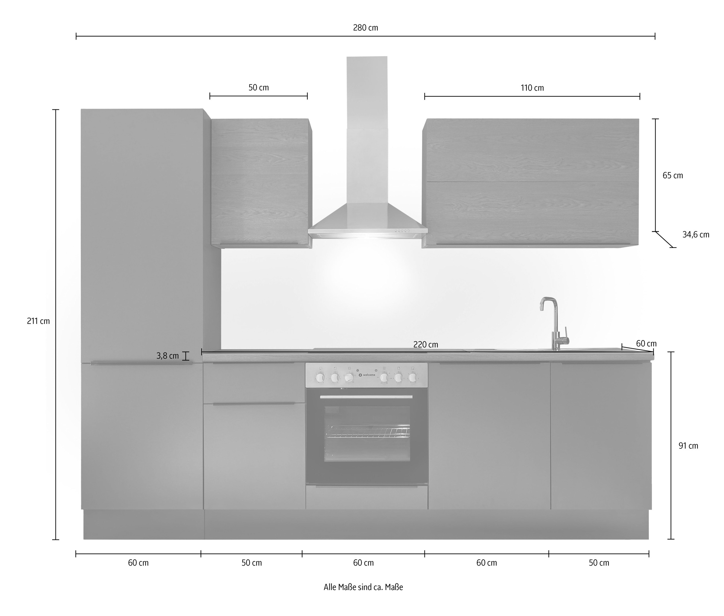 KOCHSTATION Küchenzeile »Cocco B/H/T 280x211x60 cm« Breite 280 cm, wahlweise mit E-Geräten und Induktion
