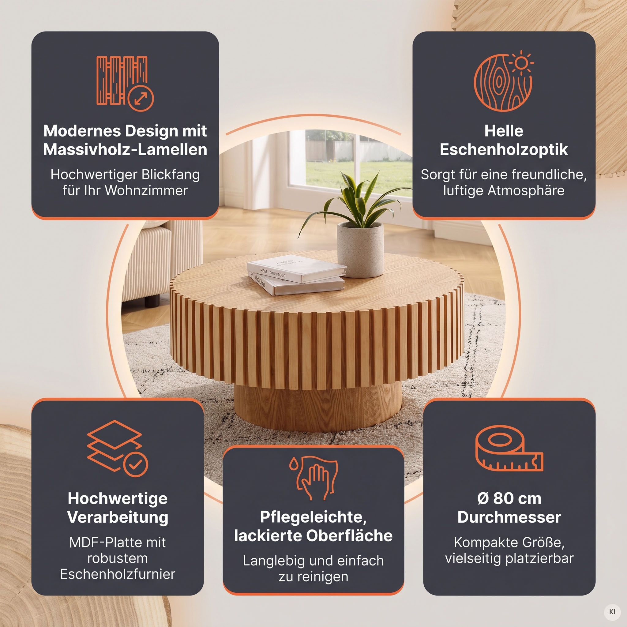 SalesFever Couchtisch »rund mit Massivholz-Lamellen Ø 80 cm« 1 Stk. tlg. Moderner Holztisch fürs Wohnzimmer mit Echtholzfurnier