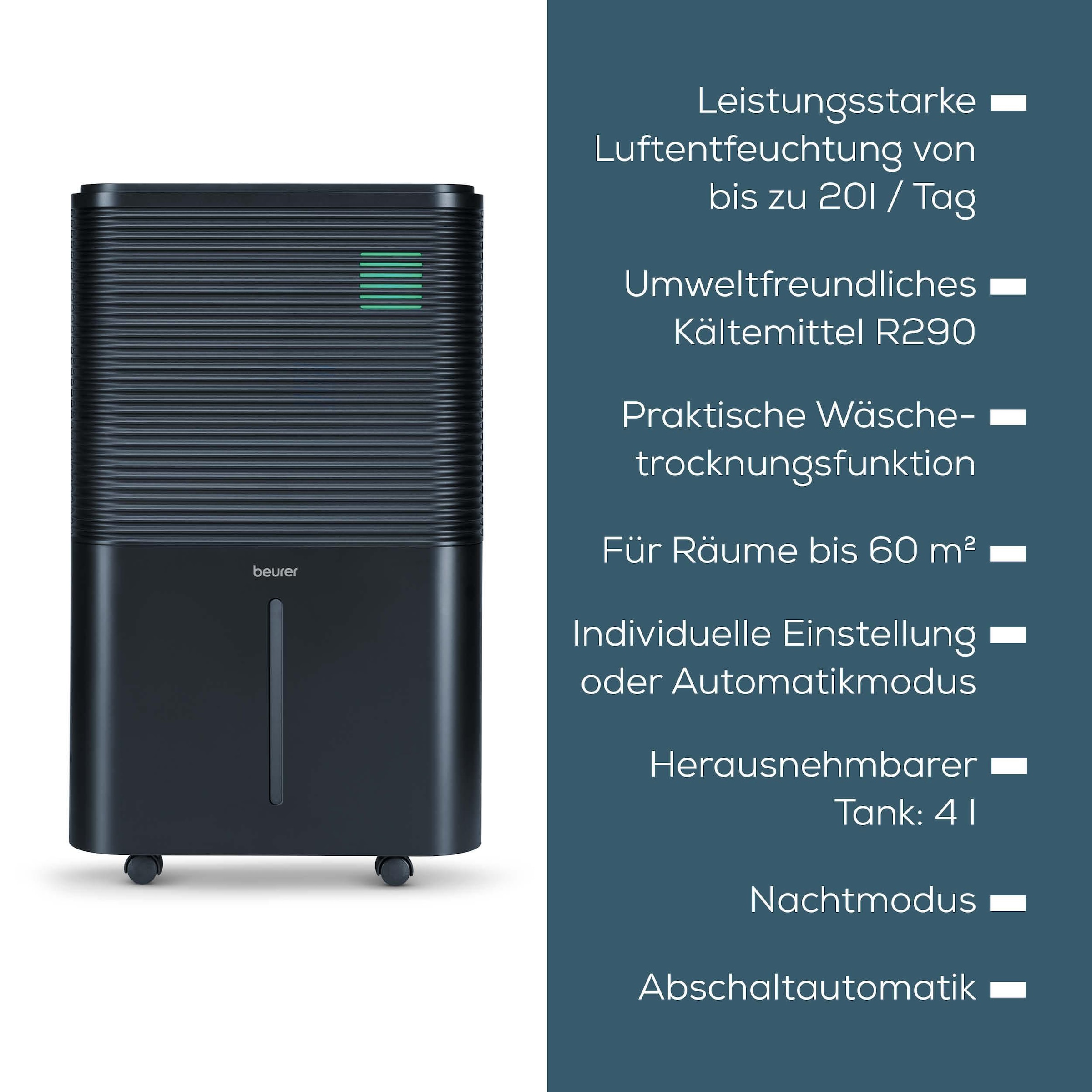 BEURER Luftentfeuchter »LE 250, Entfeuchtung bis zu 20 Liter pro Tag, mit 4 l Wassertank« Entfeuchtung 20 l/Tag Tank 4 l Für große Räume bis 60m² geeignet, zwei Lüfterstufen, Timerfunktion