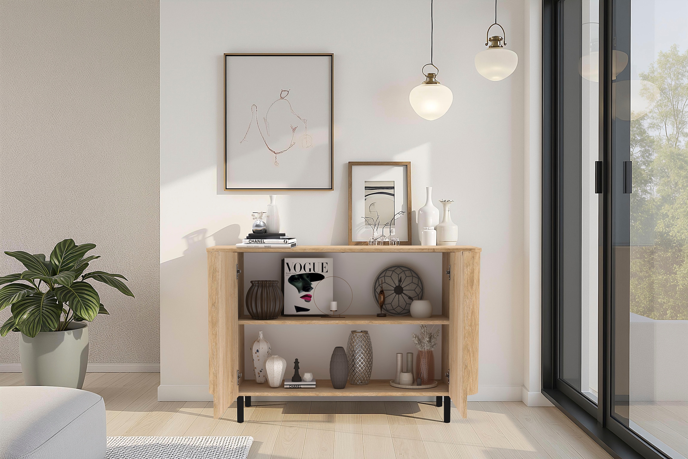 Home affaire Sideboard »Murano, 131 cm breit, 2 Türen, Anrichte, Kommode, Stauraumschrank« Formgebogenes MDF, Stirnseiten mit Rundung, Füße und Griffe aus Metall