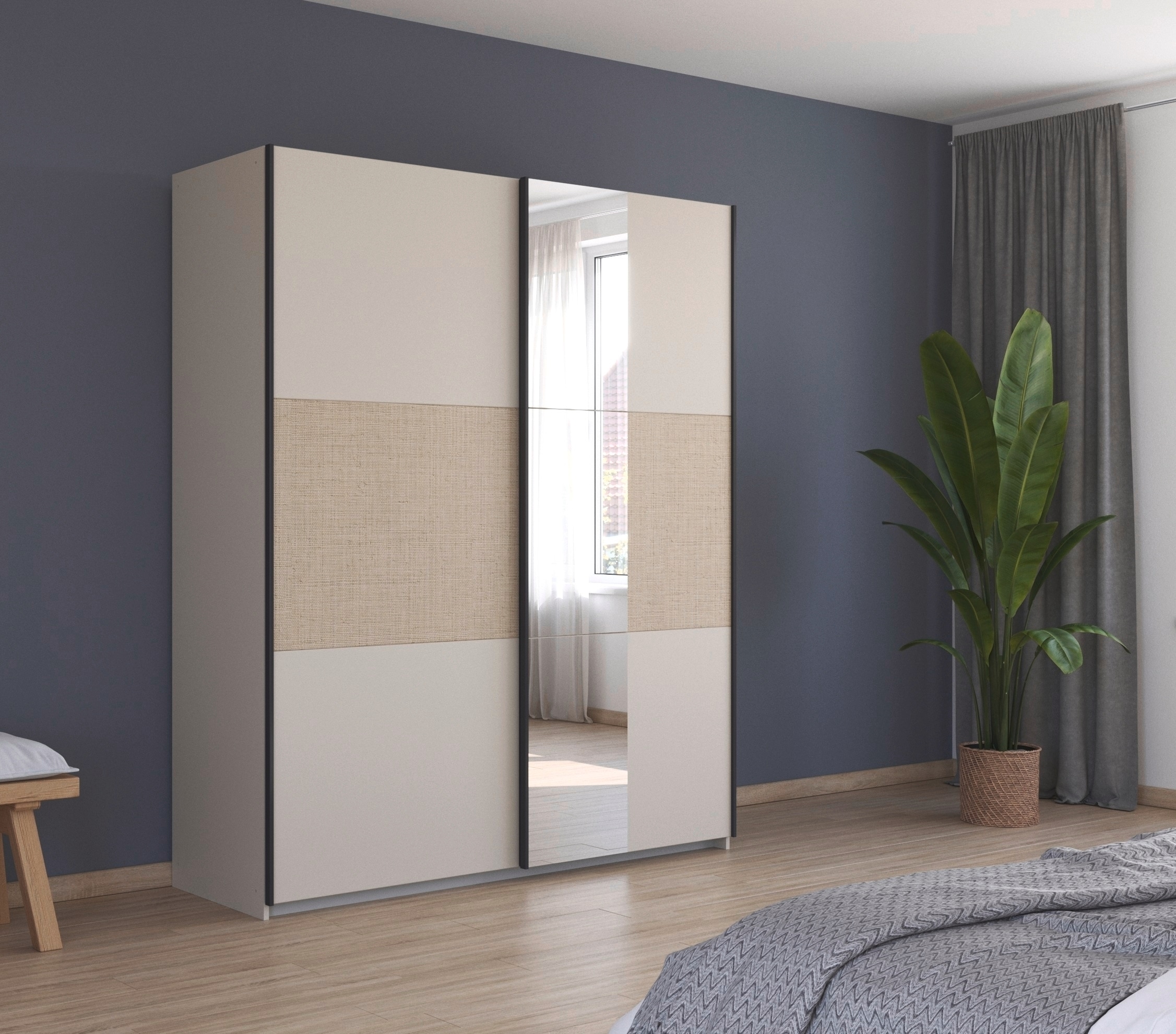 rauch Schwebetürenschrank »Senja«, mit Spiegel und Bauchbinde in angesagter Rattan-Optik