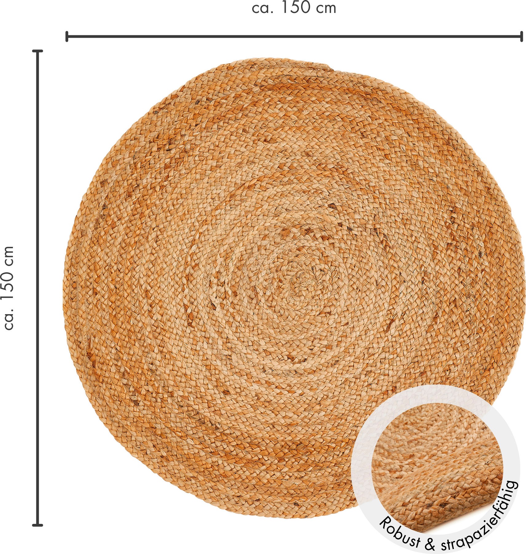 LUXOR living Teppich »Mamda 2, Juteteppich«, rund, 4 mm Höhe, Flachgewebe, handgeflochten, Flecht Design, Naturfaser, Boho-Style