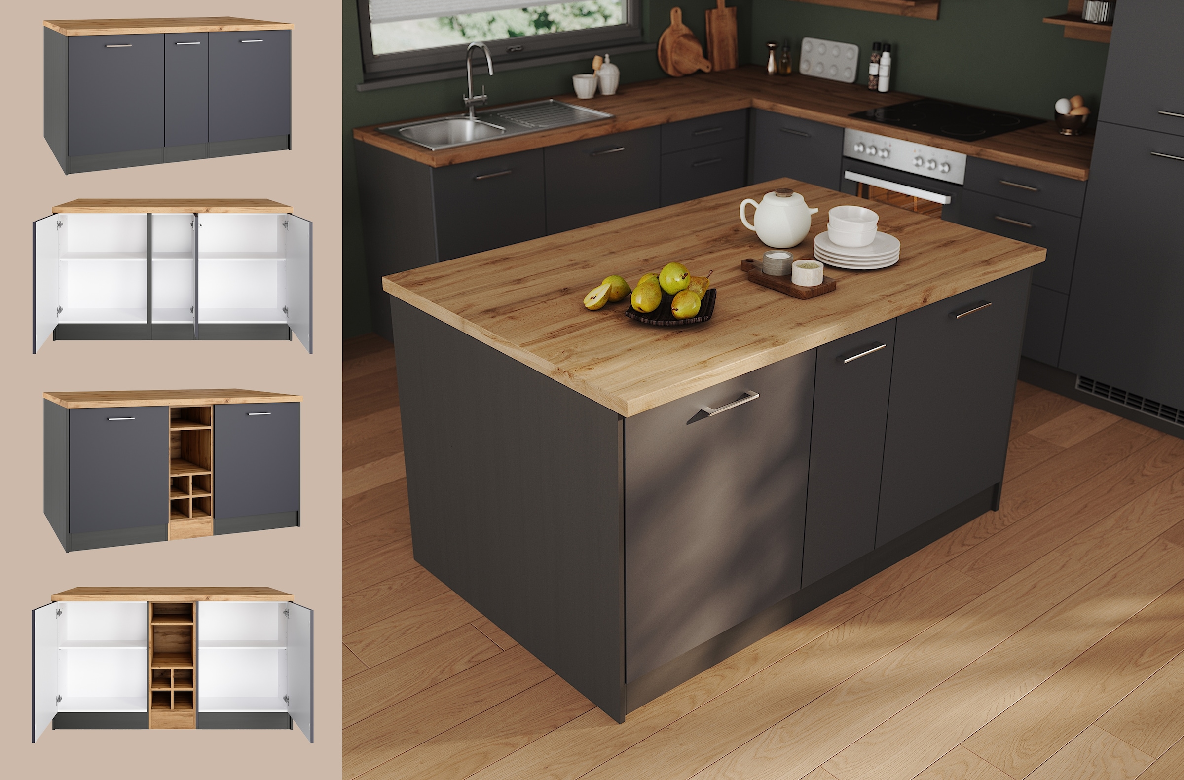 KOCHSTATION Kücheninsel »KS-Milan« Stellmaß 153/100 cm, viel Stauraum, Lebensmittelpunkt: Küche