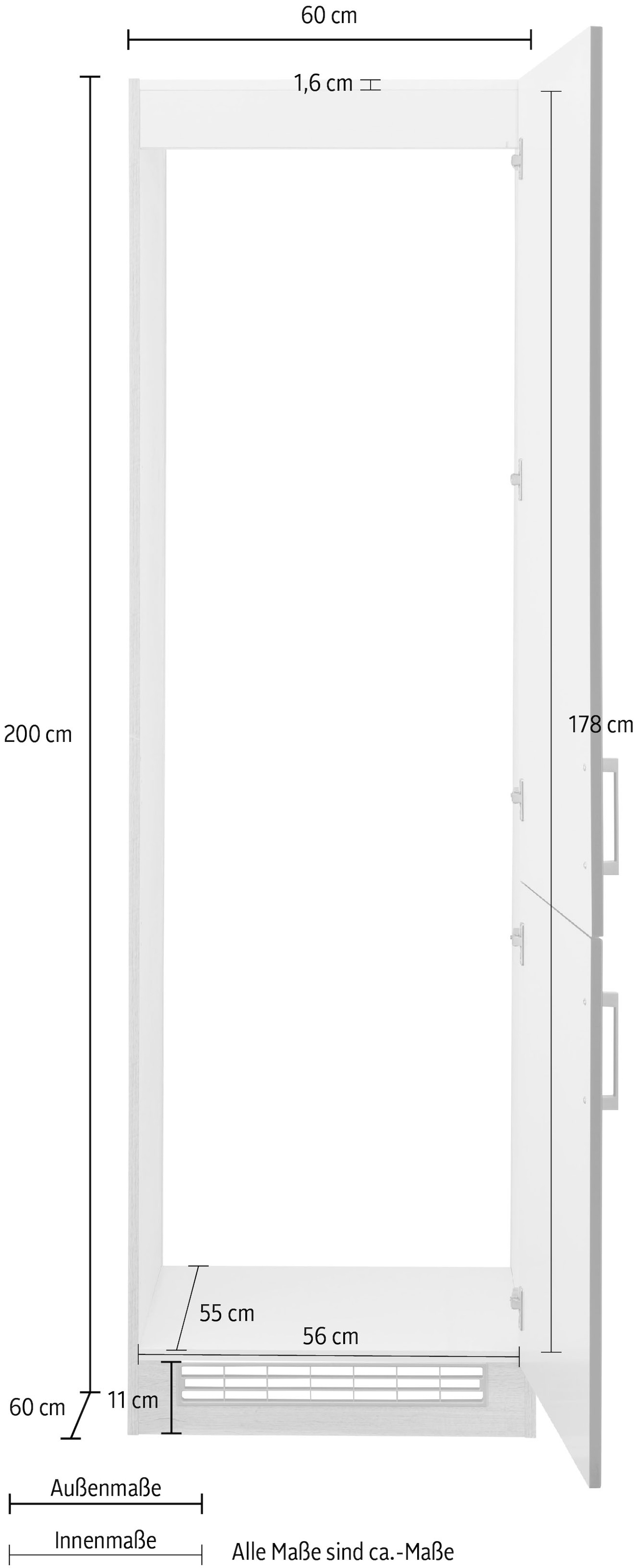 KOCHSTATION Kühlumbauschrank »KS-Tinnum«, 60 cm breit, 200 cm hoch, Metallgriffe, mit Nischenmaß 178 cm