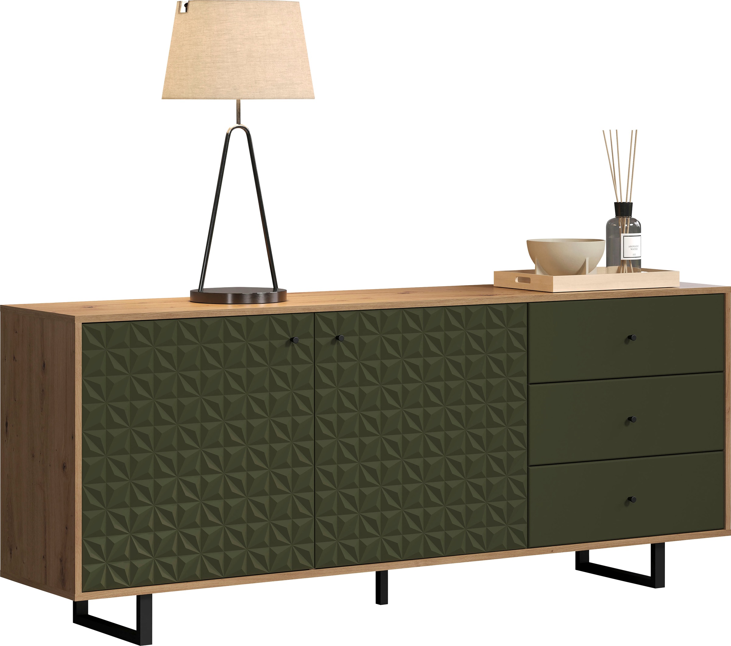 Places of Style Sideboard »Ferretti«, Wohnzimmerkommode mit besonderer Fräsung und Füße/Griffe aus Metall
