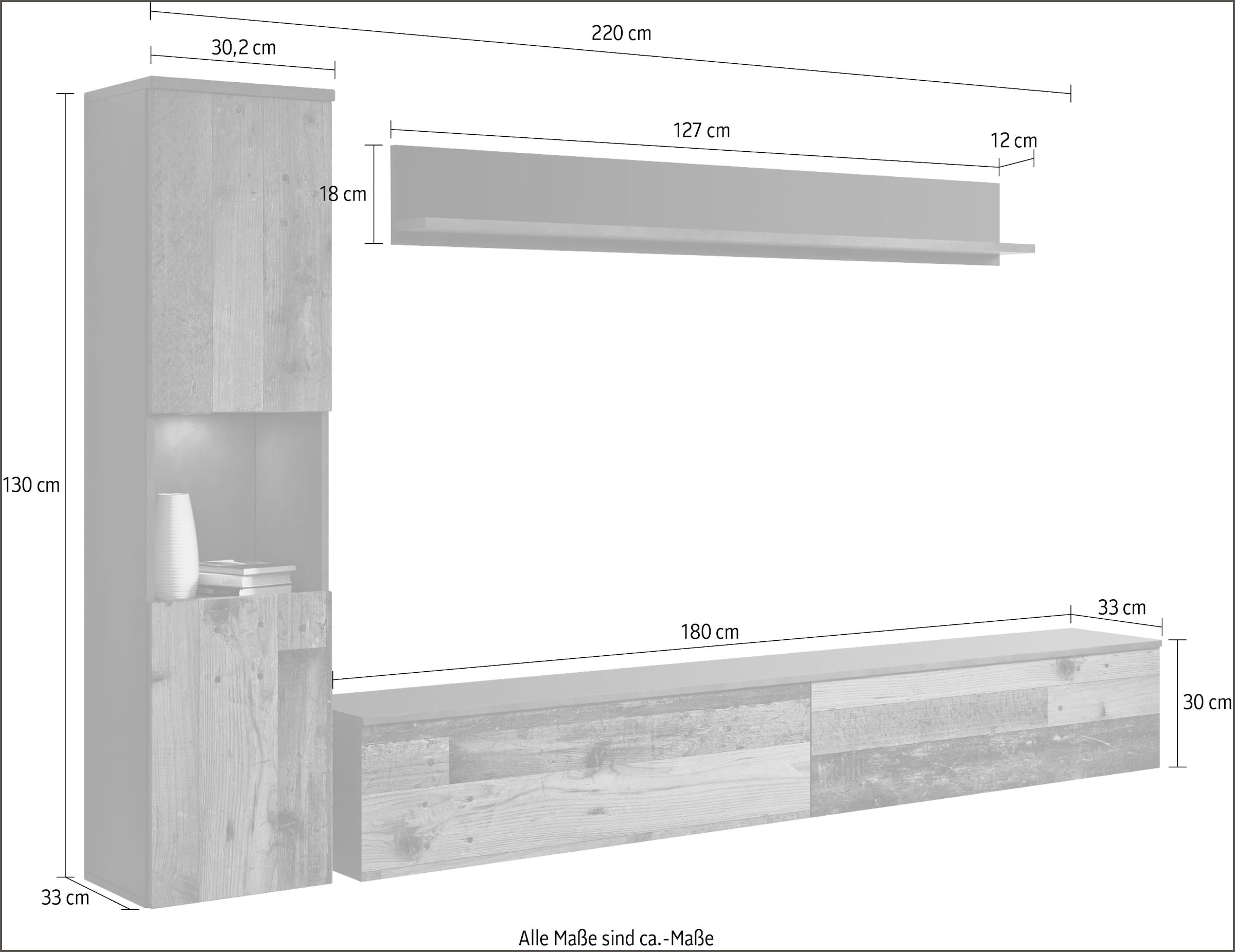INOSIGN Wohnwand »PARIS, Vitrine Türanschlag links/rechts wechselbar«, (Komplett-Set, 3 St.), grifflose Design, stehend und hängend montierbar