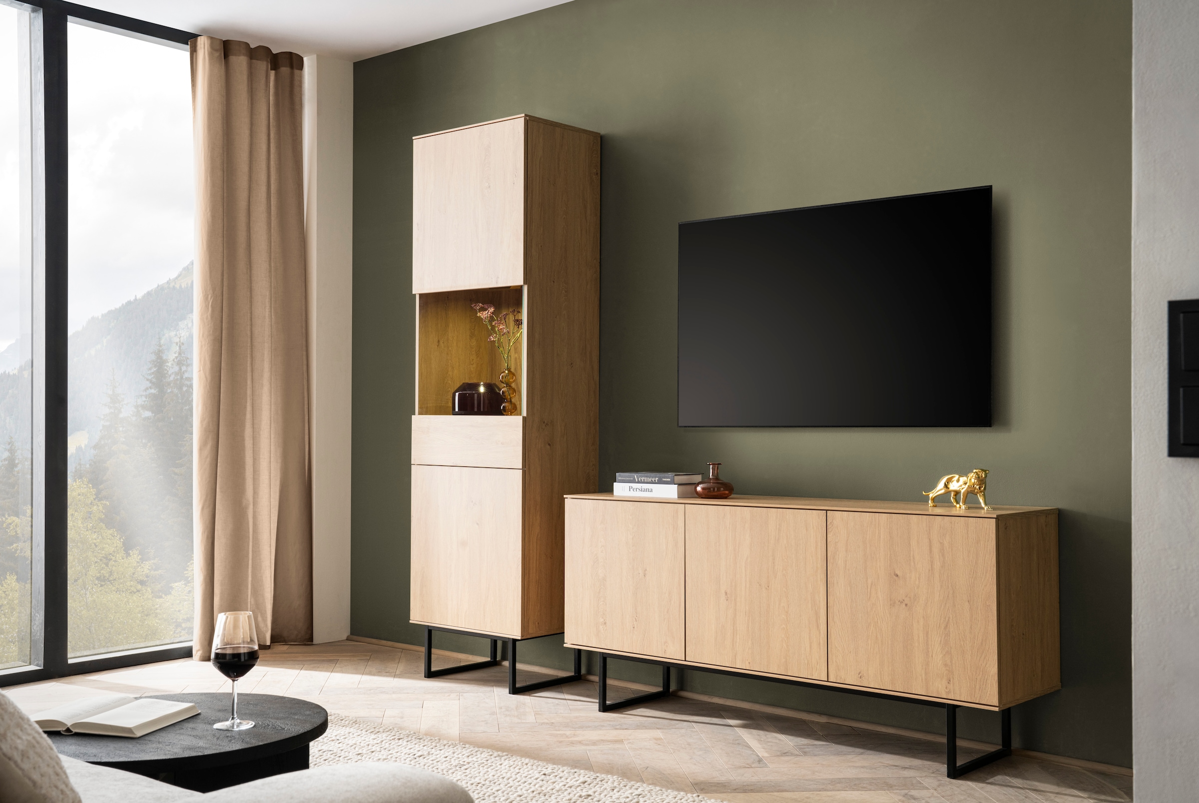 Home affaire Wohnwand »Lund, moderne Anbauwand, Wohnzimmer-Set in Stone Oak«, (2 St.), enthält Vitrine und Lowboard