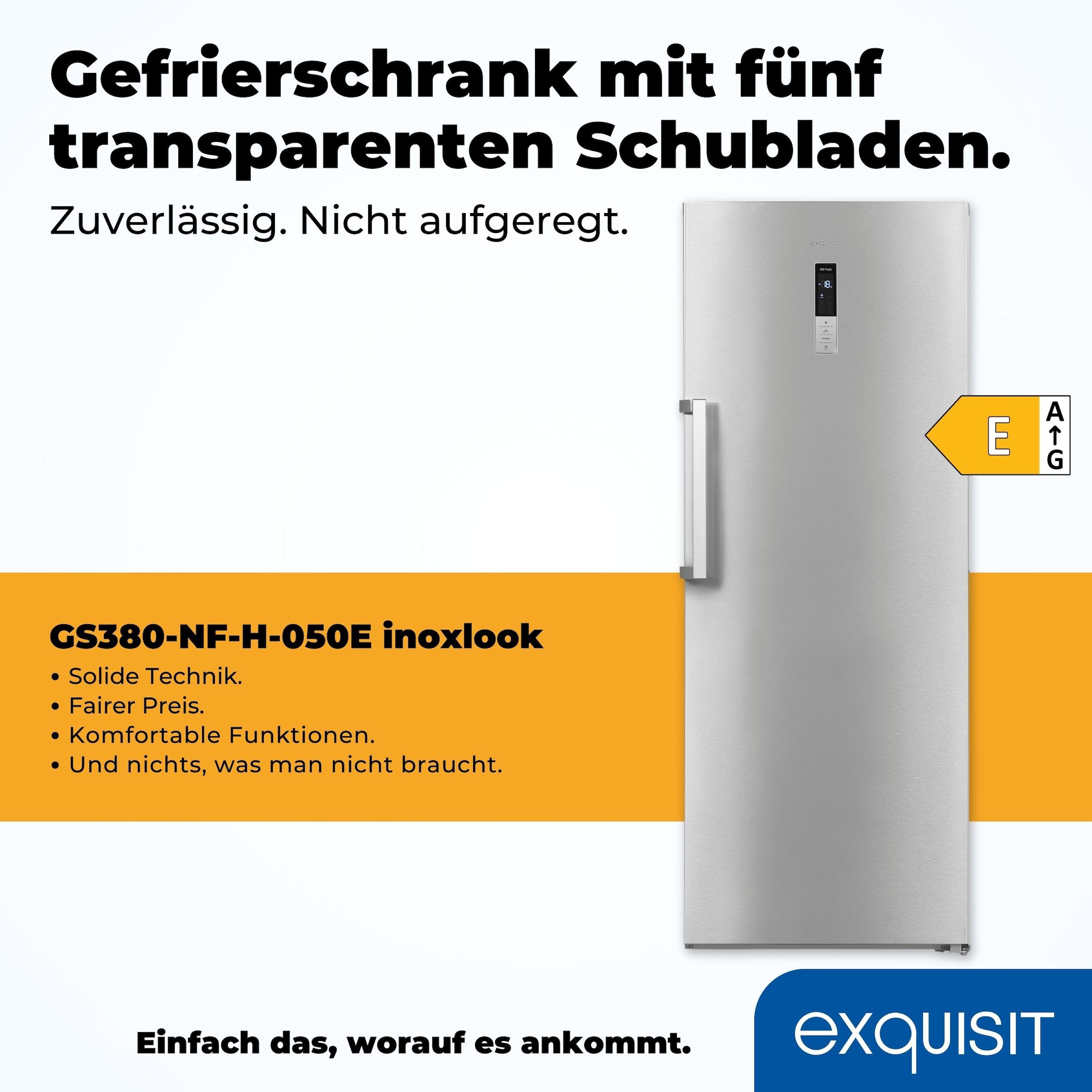 exquisit Gefrierschrank »GS380-NF-H-050E inoxlook«, 185,5 cm hoch, 71 cm breit, Türanschlag wechselbar
