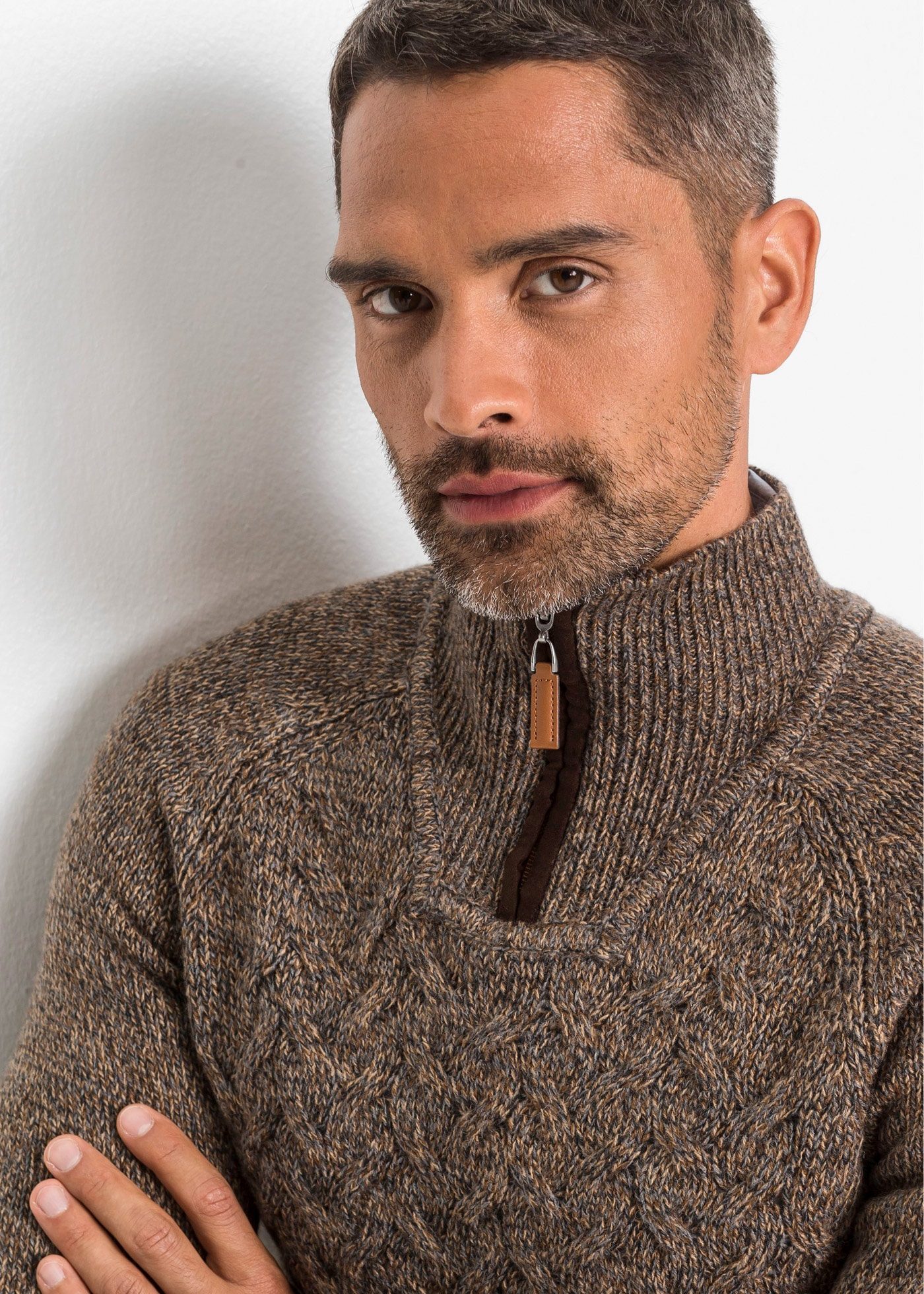 bonprix Strickpullover »Troyer-Pullover mit Wolle« mit Zopfmuster in melierter Optik