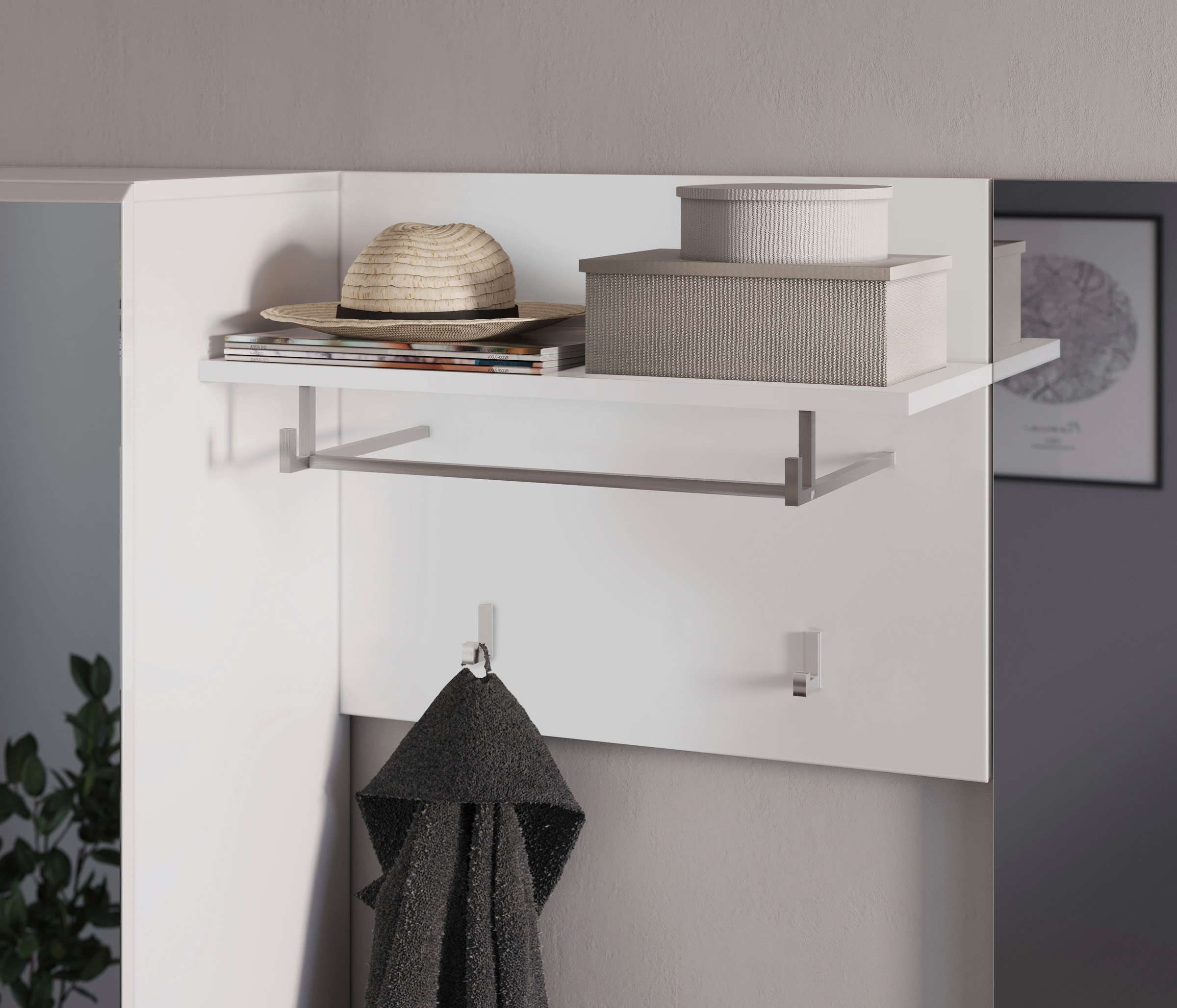 INOSIGN Garderoben-Set »Malmö, Breite 115cm, MDF Front mit Rillenfräsung, 4-teilig, best. aus:«, (4 St.), Sitzbank, Garderobenpaneel, Schuhkommode & Garderobenspiegel