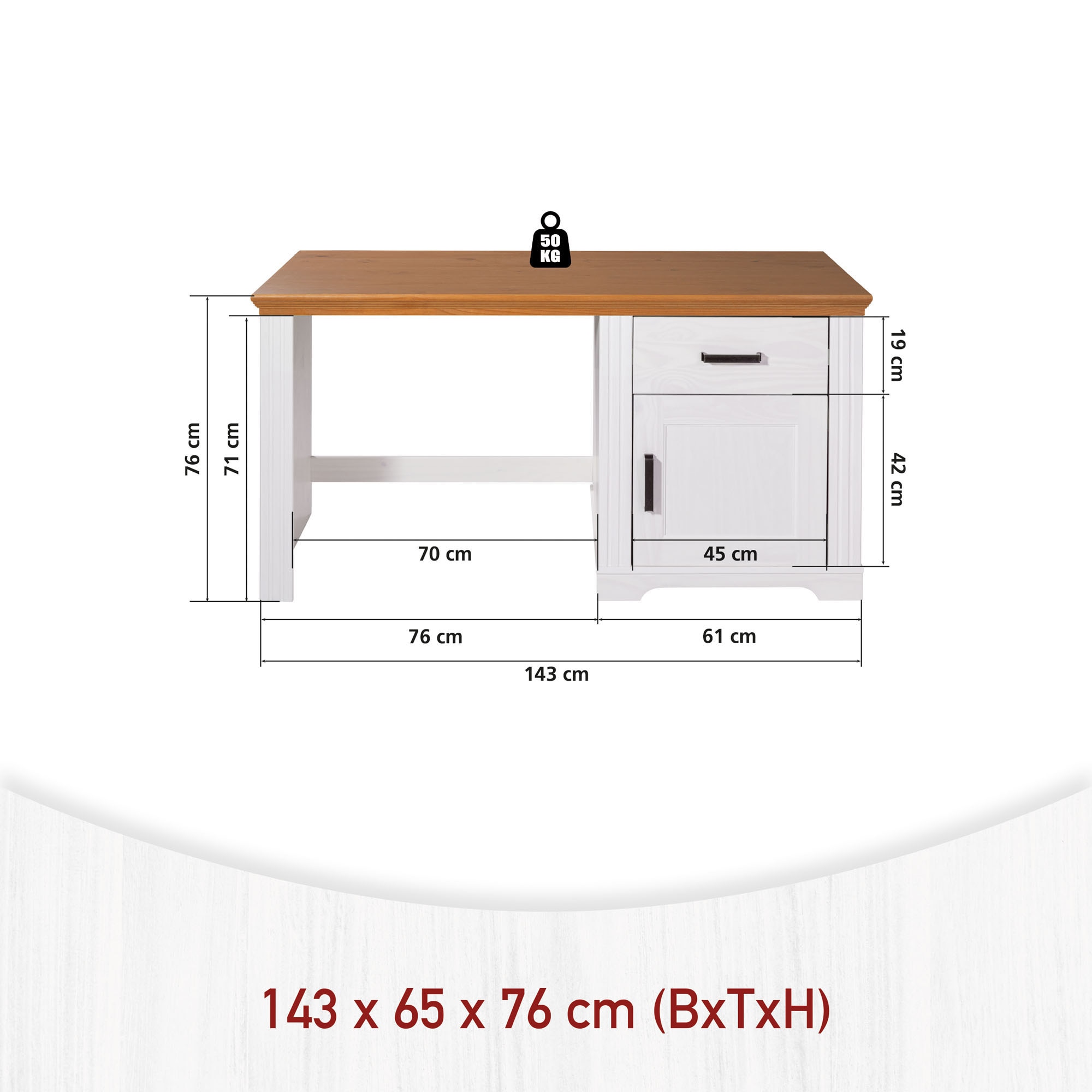Inter Link Computertisch »Schreibtisch Maluno« 1 Stk. tlg. Kiefer Massiv, Soft-Close, Stauraum, BxTxH: ca. 143 x 65 x 76 cm