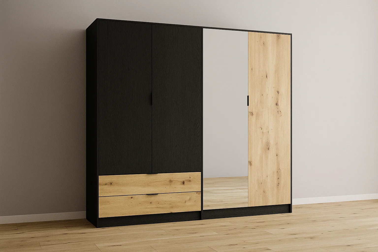 Home affaire Kleiderschrank »PERY mit Spiegel, 2 Schubladen, 4 Fächer und 2 Kleiderstangen« Garderobe mit 4 Türen und schwarzen Griffen, Maße B/T/H: 220/54/203cm