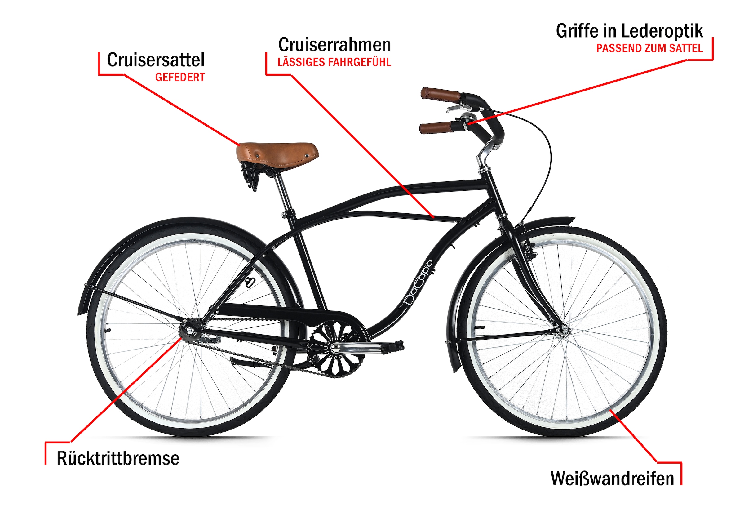 Dacapo Cruiser »Beachcruiser Herren 26" Beach Schwarz 1 Gang RH 46 cm« 1 Gang ohne Schaltung