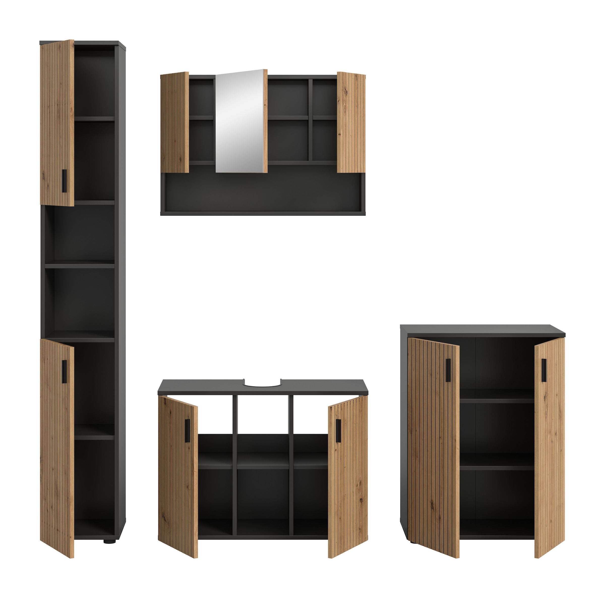 welltime Badmöbel-Set »MANI, 4-tlg. Badkombination, Paneeloptik« Set, Set, best. aus: 1Badschrank,1WBU,1Spiegelschrank,1Badschrank, 4 Stk. tlg.