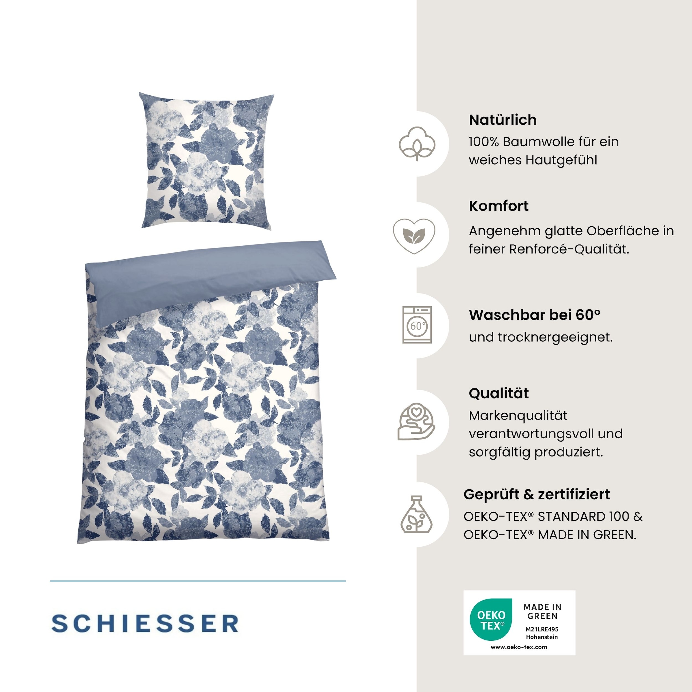 Schiesser Wendebettwäsche »Elisa aus weicher Baumwolle mit hübschen Blumenmotiv« 2 Stk. OEKO-TEX® MADE IN GREEN