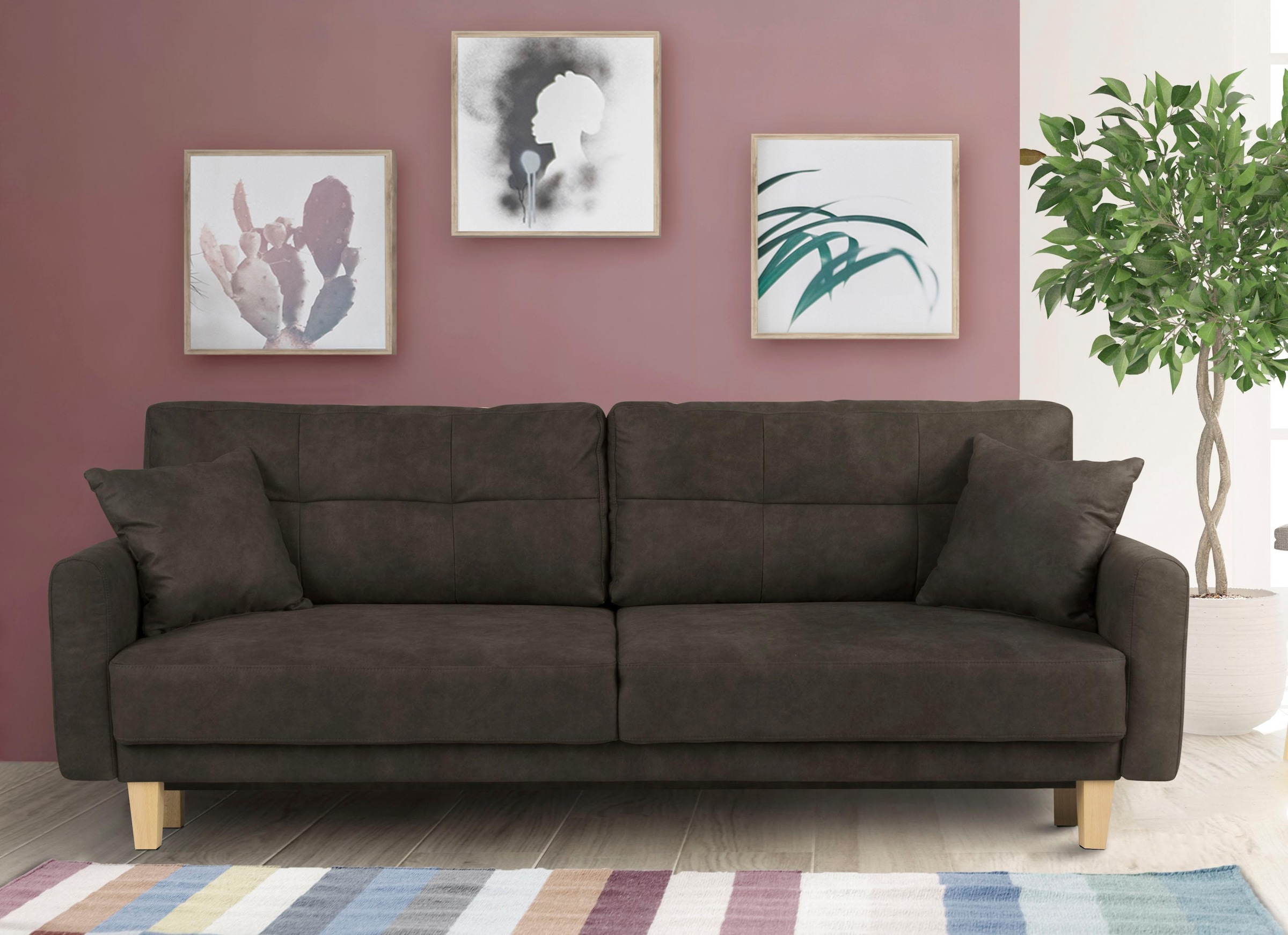Home affaire 3-Sitzer »TRIPLO optionale Schlafsofa mit Bettkasten, Maße B/T/H: 215/100/89 cm«, Wahlweise Bettfunktion - Liegefläche 145x191 cm, Rücken-, Zierkissen