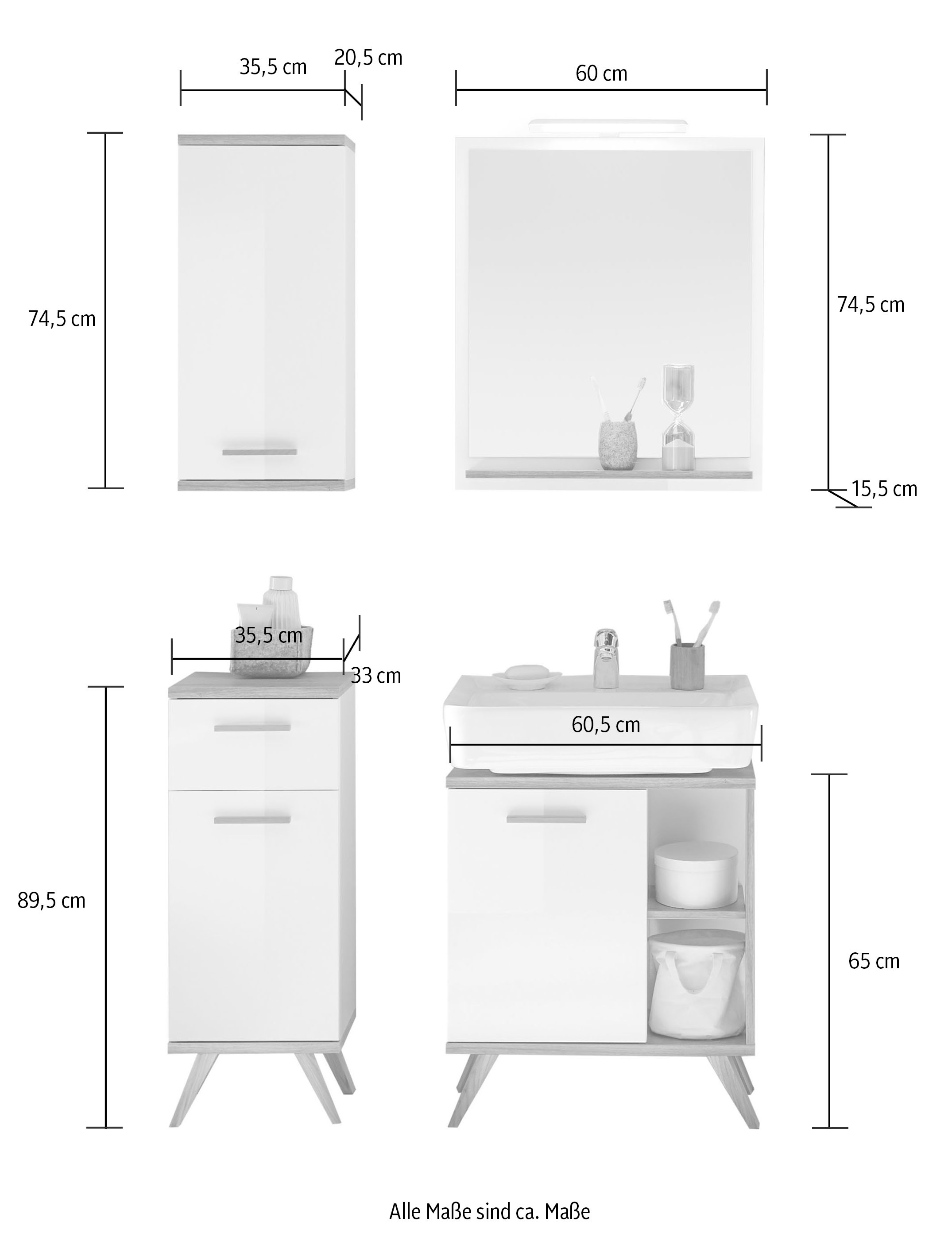 Saphir Badmöbel-Set »Quickset 4-teilig, Waschbeckenunterschrank mit LED-Spiegel«, (5 St.), Unterschrank, Hängeschrank, inkl. Türdämpfer, 3 Türen, 1 Schublade