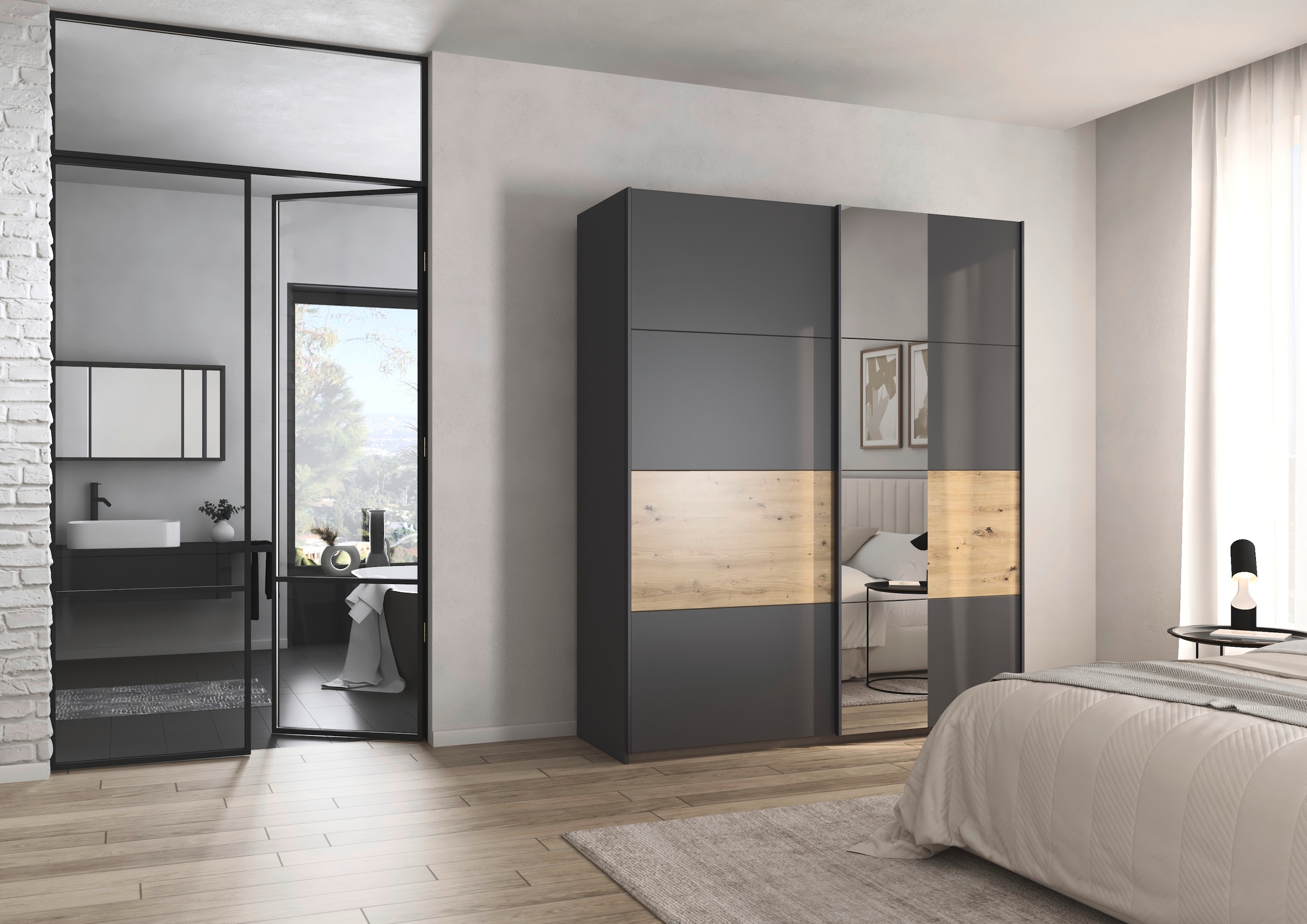 rauch Schwebetürenschrank »Kleiderschrank Schrank Garderobe Schlafzimmerschrank OXFORD«, (in 3 verschiedenen Ausstattungen BASIC/CLASSIC/PREMIUM), mit Griffleisten aus Metall, auch für kleinere Räume MADE IN GERMANY