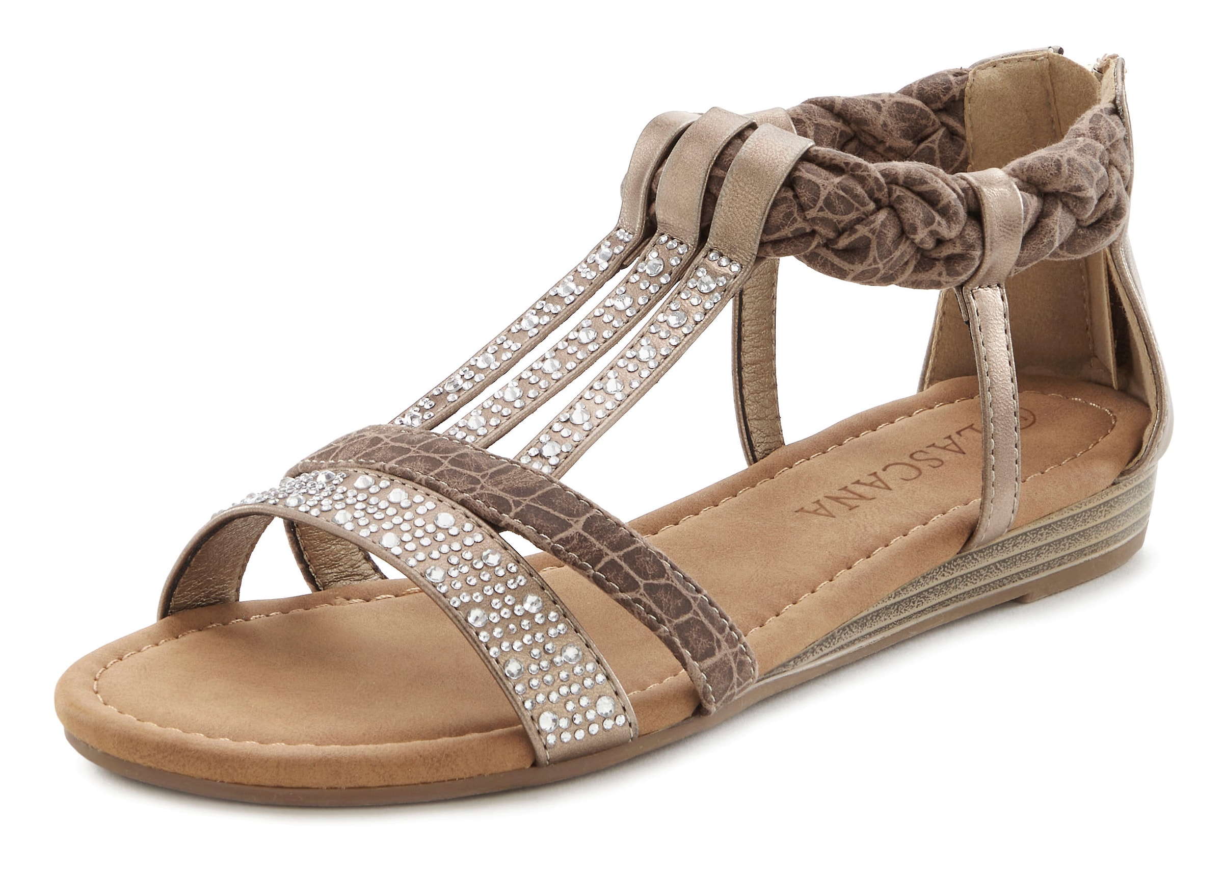 LASCANA Sandale »Sommerschuh, Sandalette«  mit Glitzersteinen und kleinem Keilabsatz im Festival-Look VEGAN
