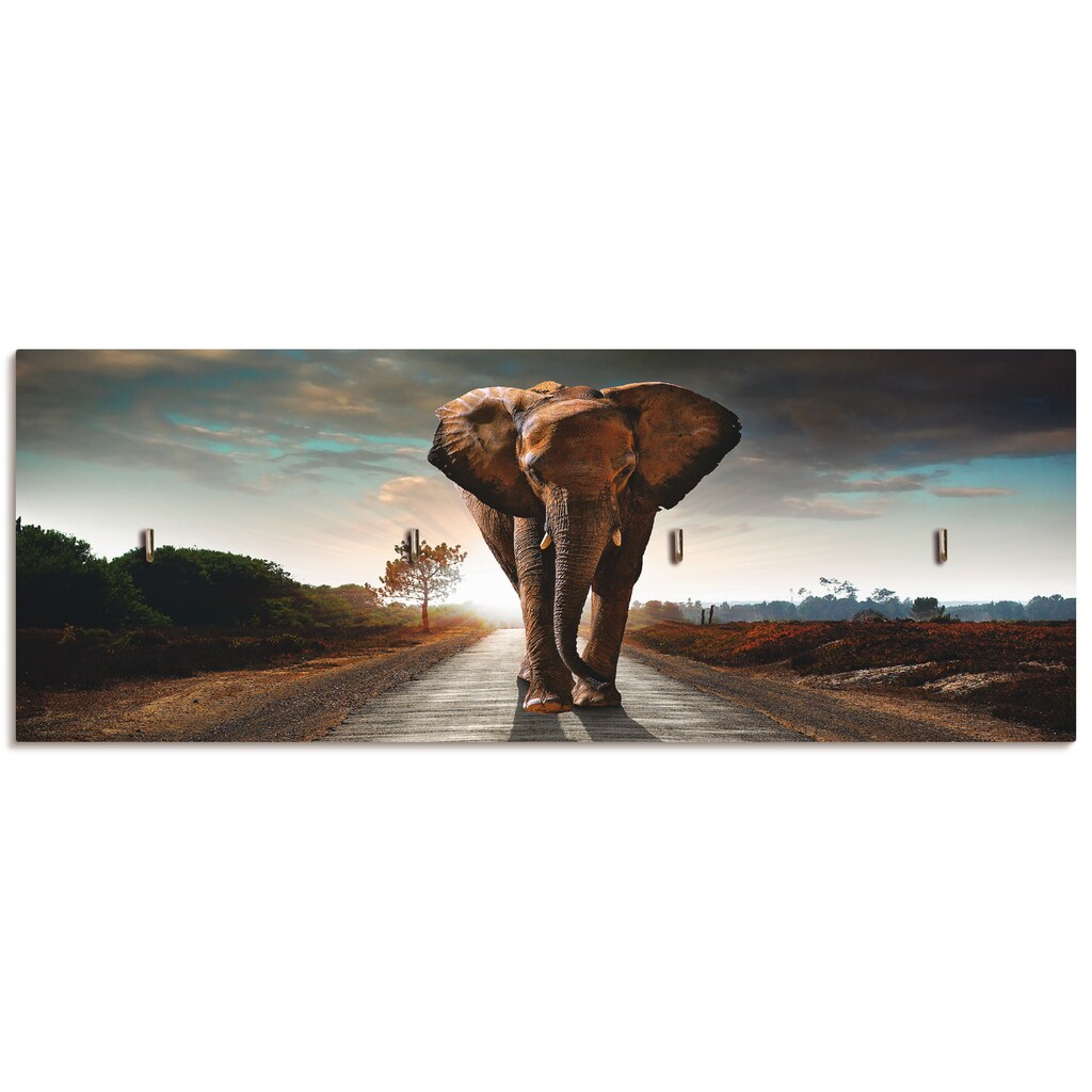 Artland Hakenleiste »Ein Elefant läuft auf der Straße«, aus Holz mit 4 Schlüsselhaken – Schlüsselboard, Schlüsselbretter, Schlüsselhalter, Schlüsselaufhänger für den Flur – Stil: Modern