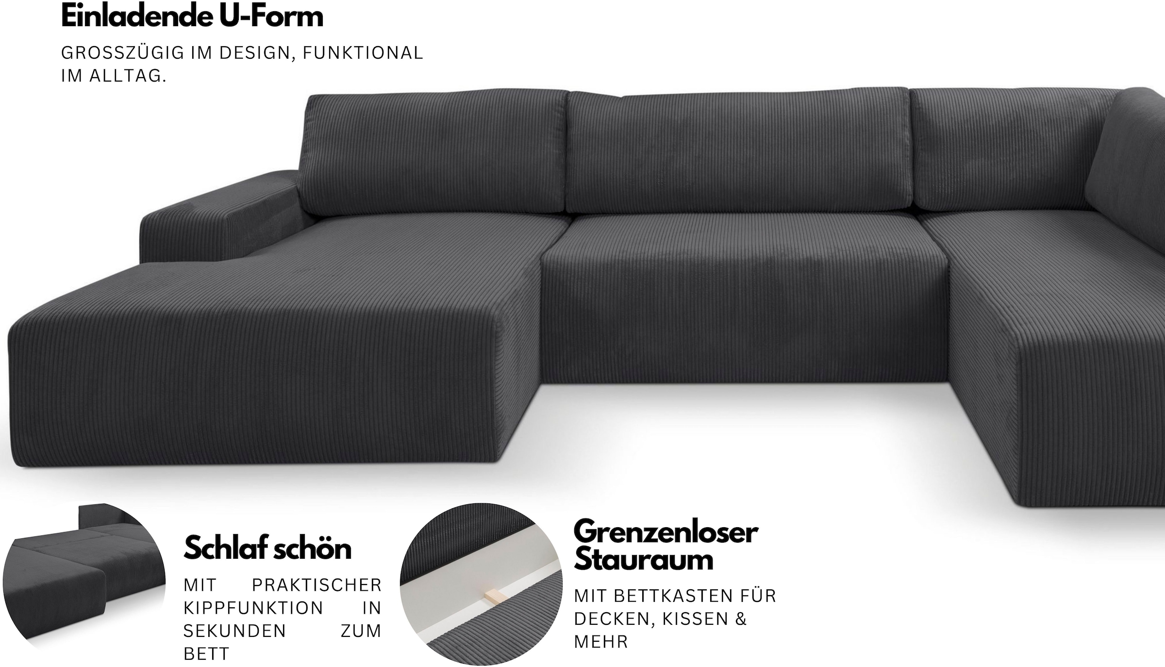 WERK2 Wohnlandschaft »Rotterdam 325 x 190 cm mit Bett und Bettkasten, bequem, viel Platz« Cord, U-Form, XXL, Schlaffunktion, Bettkasten