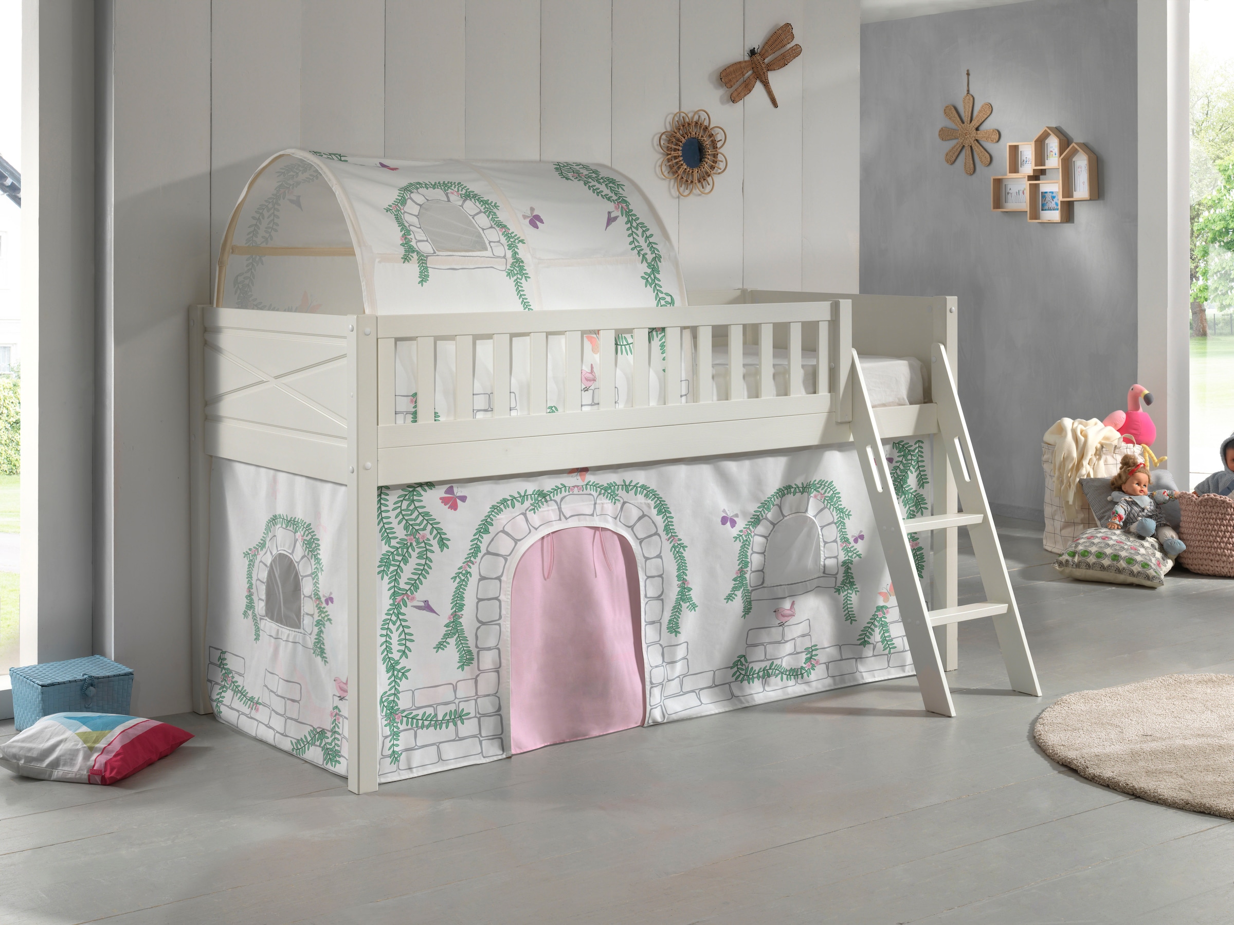 Vipack Hochbett »Scott«, (Made in Europe), mit schräger Leiter, LF 90x200 cm, Vorhang, Tunnel, 4 Designs