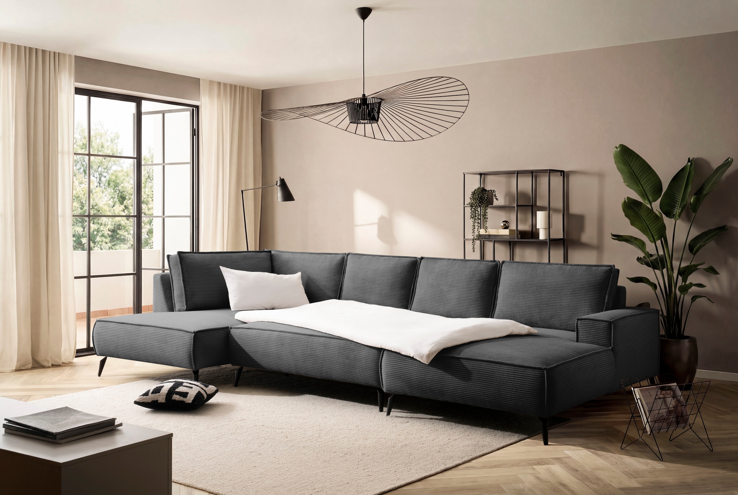 Home affaire Wohnlandschaft »Tvinnu, moderne U-Form, Couch in Cord oder Webstoff in Leinenoptik« Recamiere rechts/links, schwarze Metallfüße, bequeme Sitz-/Liegefläche