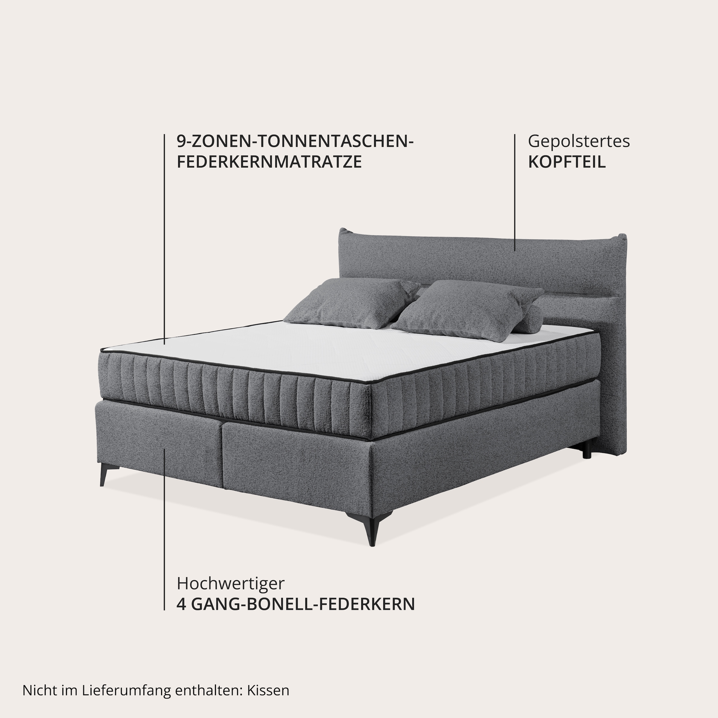ED EXCITING DESIGN Boxspringbett »Vlieland« Premium 9-Zonen-Tonnentaschenfederkern Duo-Matratze mit Kokosmatte