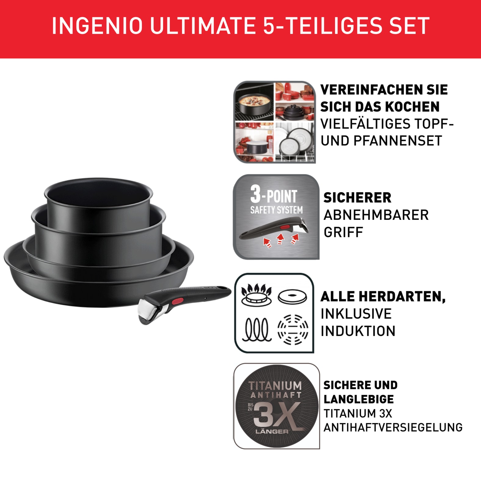 Tefal Topf-Set »L76495 Ingenio Ultimate«, Aluminium, (Set, 5 tlg., je 1 Stielkasserolle Ø 16/20 cm, je 1 Bratpfanne Ø 22/28 cm), Antihaft, Thermo-Signal, abnehmbarer Griff, alle Herdarten, Induktion