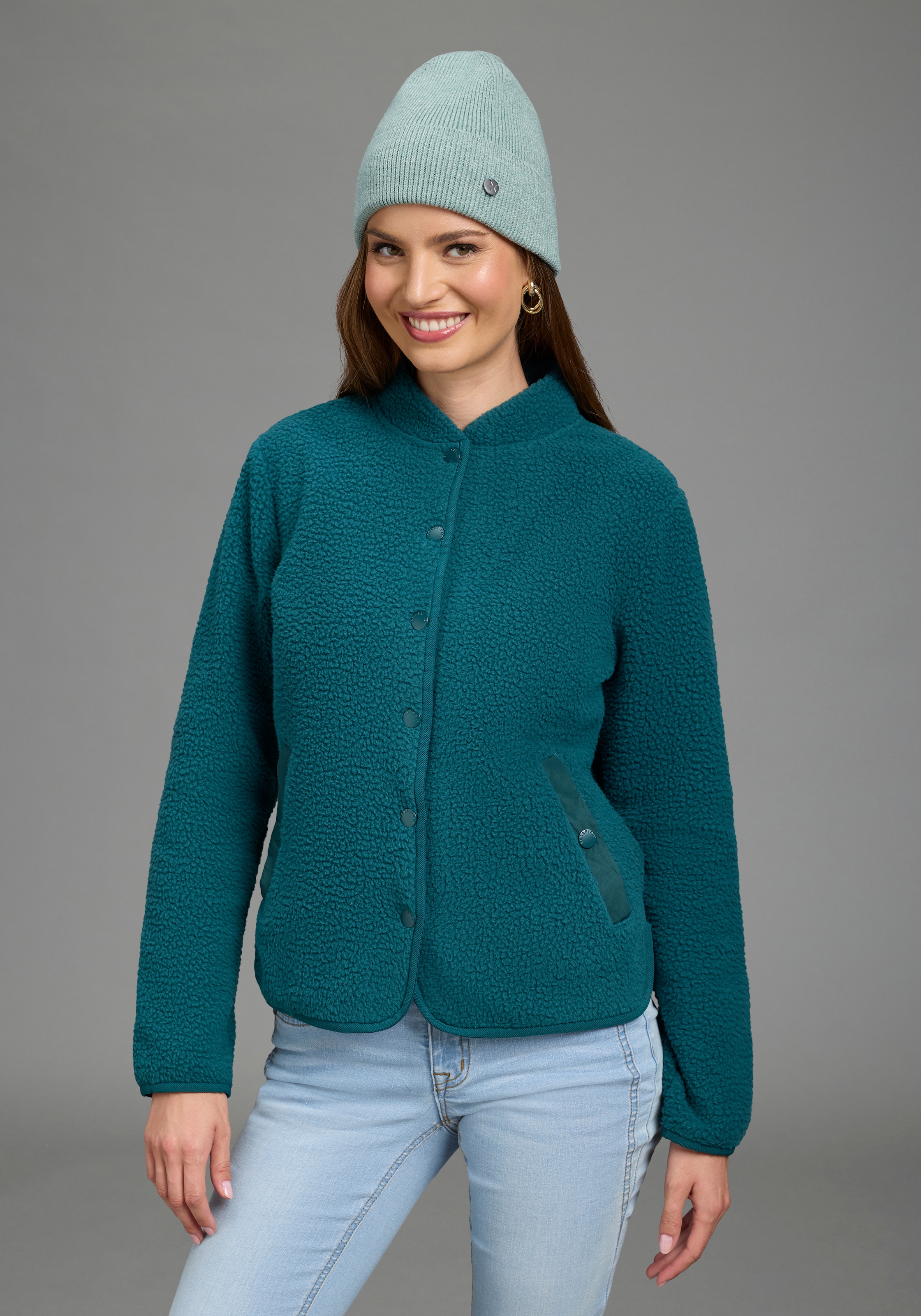 Polarino Fleecejacke ohne Kapuze aus Teddy-Fleece, Übergangsjacke mit Stehkragen und Knöpfen