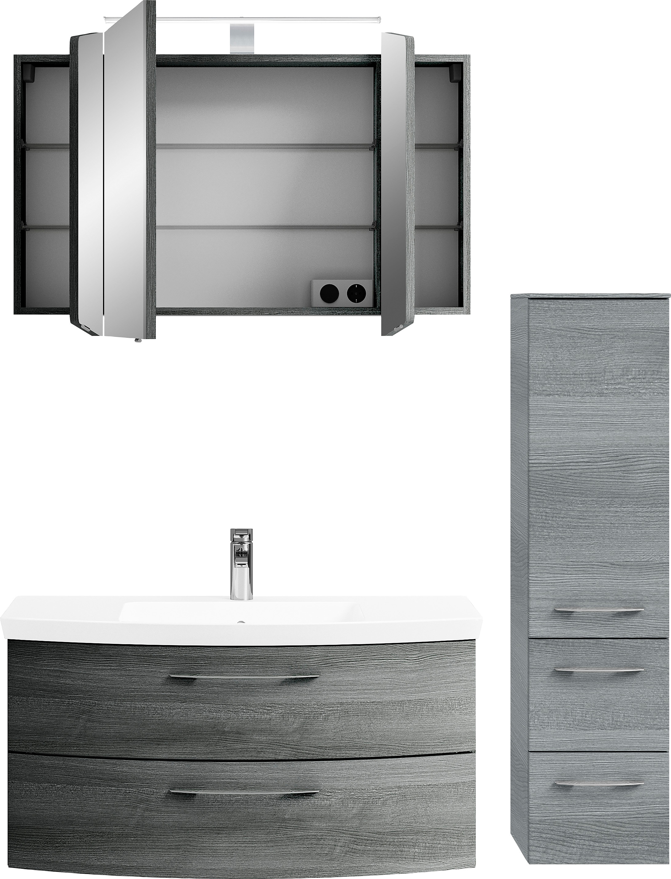 Saphir Badmöbel-Set »Cassca Sprint 3-teilig Mineralmarmor-Waschtisch mit LED-Spiegelschrank«, (4 St.), Midischrank, inkl. Türdämpfer, 4 Türen, 4 Schubladen
