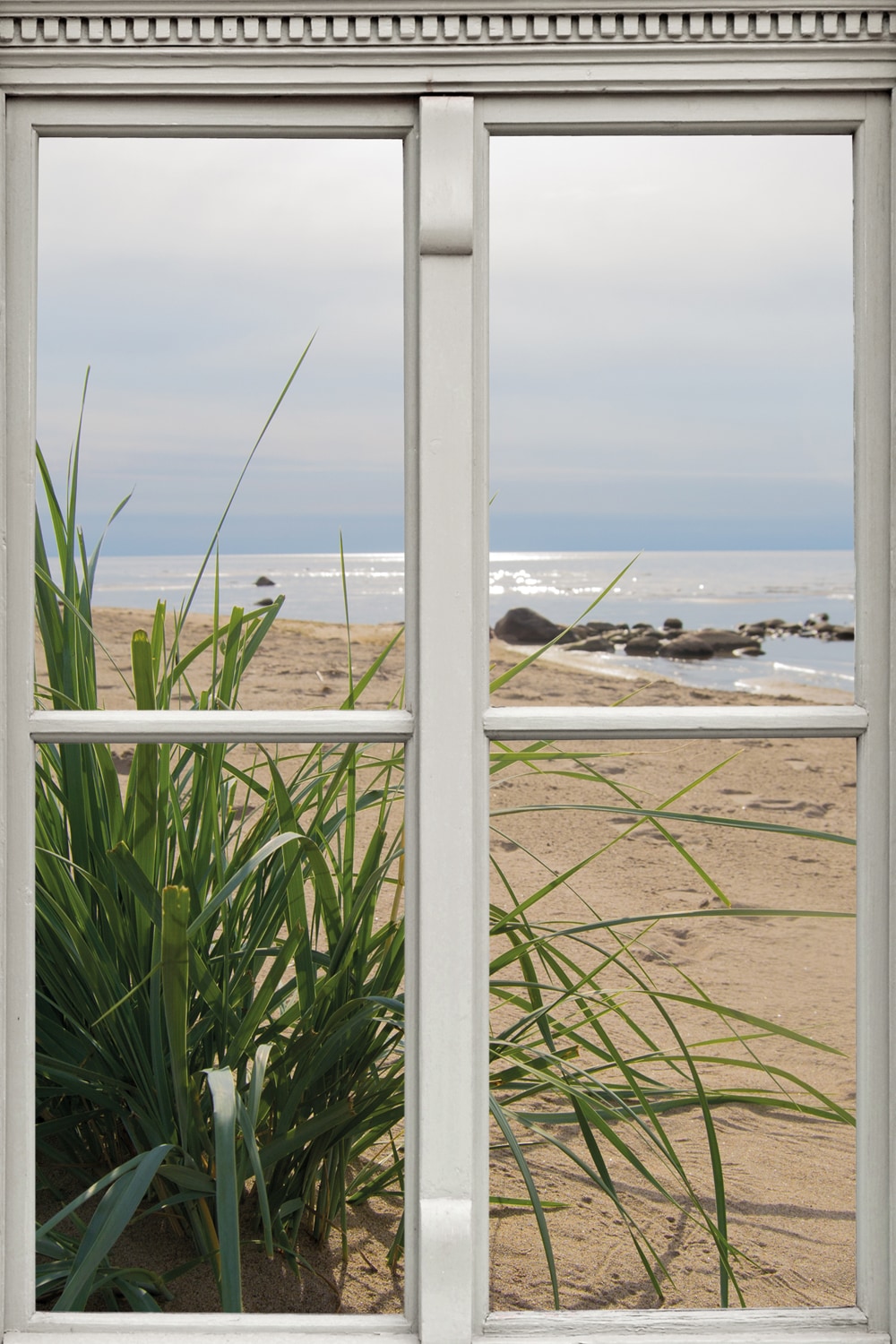 queence Leinwandbild »Ausblick«, Düne-Gräser-Natur-Meer-Fensterblick, (1 St günstig online kaufen