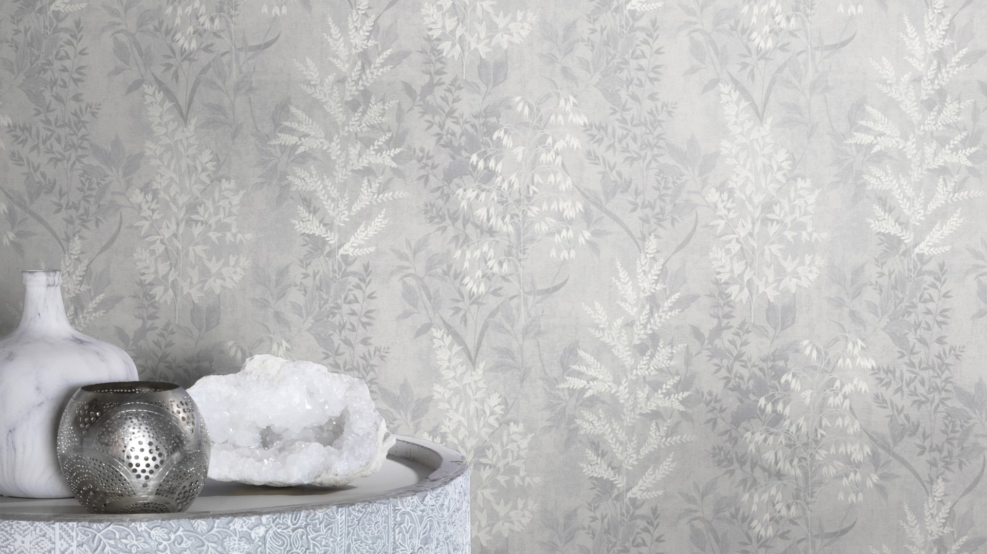 Papiertapete RASCH "mit Blattranken", grau, B:0,53m L:10,05m