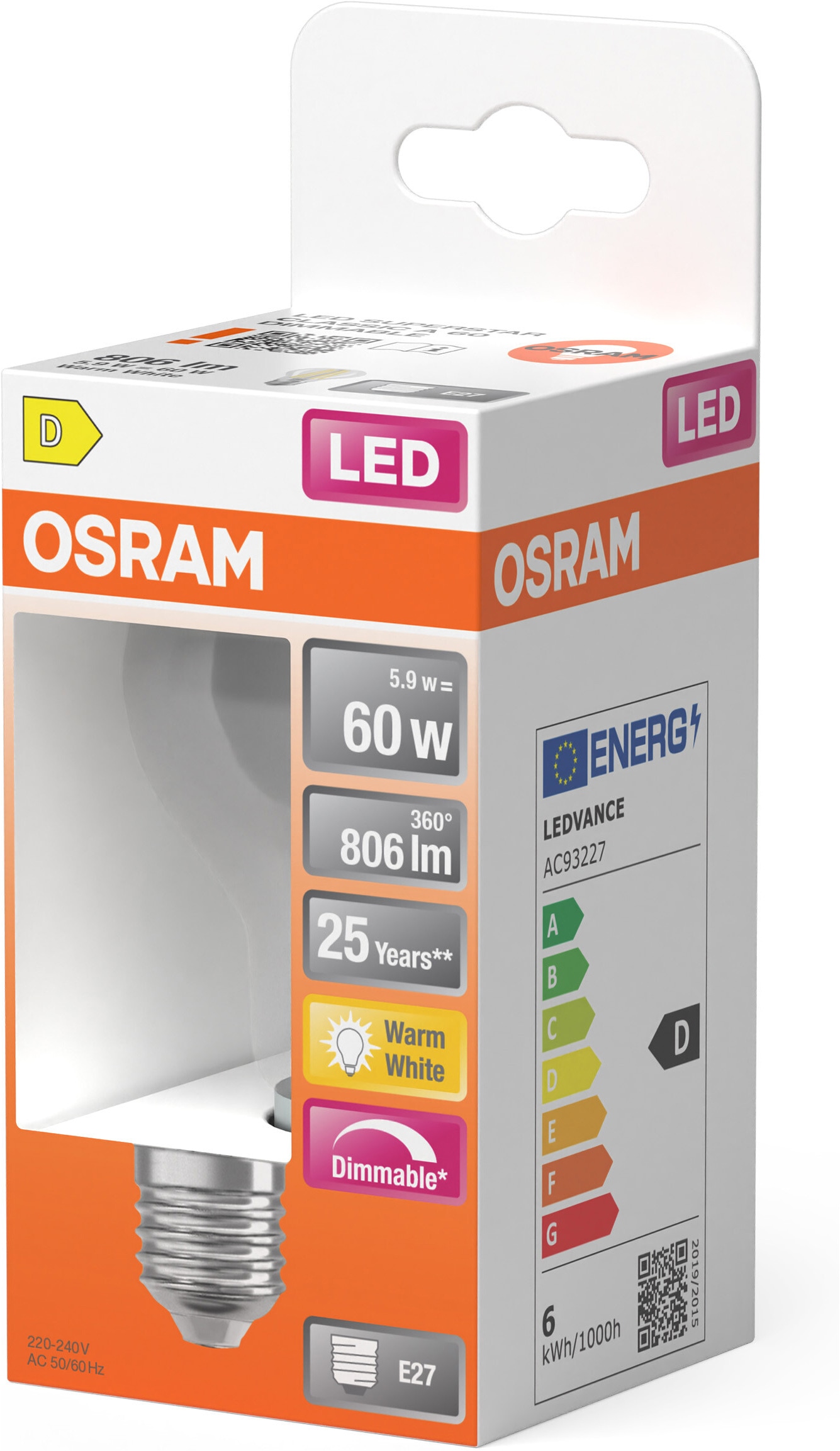 Osram LED-Leuchtmittel »LED-Lampe Superstar Kolbenform A60« E27 1 Stk. Warmweiß