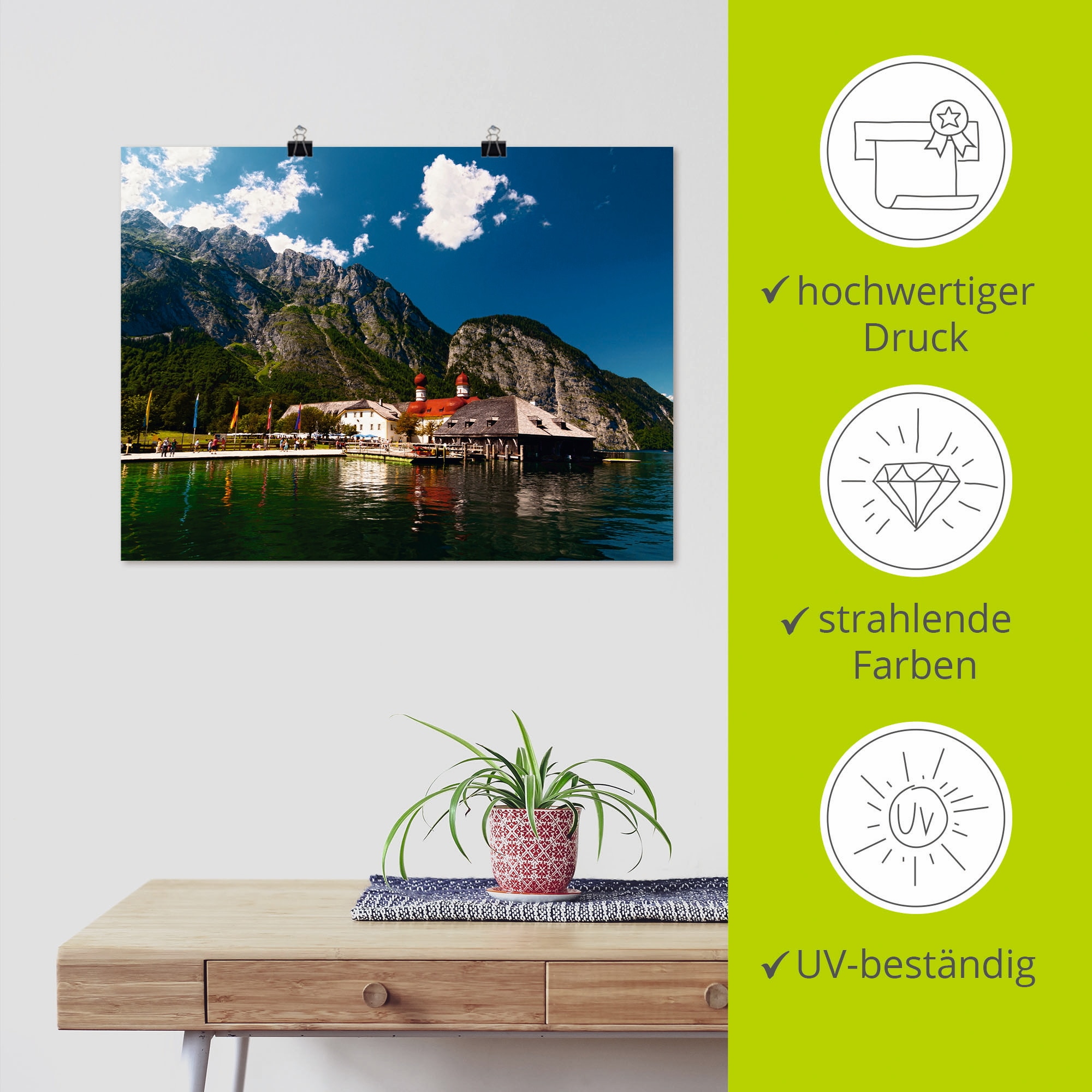 Artland Poster »St. Bartholomä Königssee II«, Berge, (1 St.), als Leinwandbild, Wandaufkleber oder Poster in versch. Größen