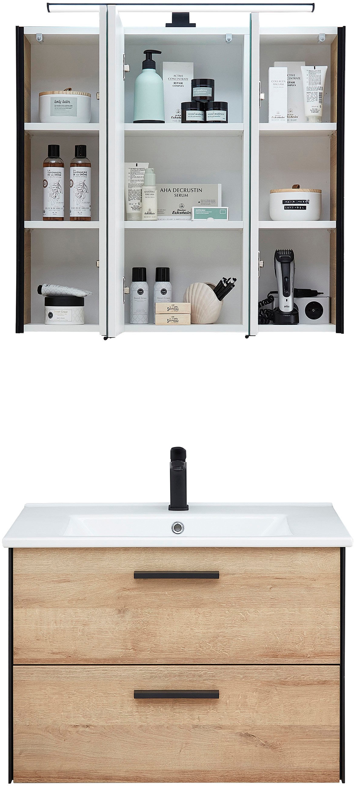 Saphir Badmöbel-Set »Quickset 395 2-teilig, Keramik-Waschtisch mit LED-Spiegelschrank«, (2 St.), Waschplatz 75 cm breit, 3 Türen, 2 Schubladen, Bad-Set