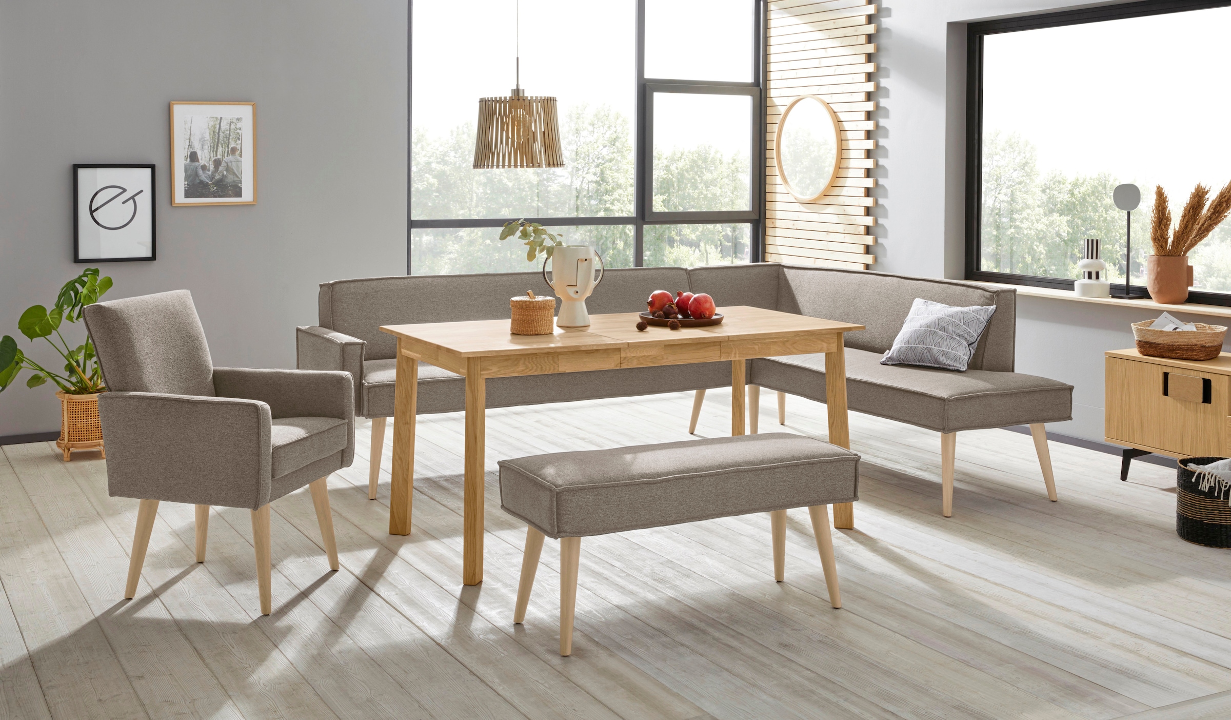 exxpo - sofa fashion Eckbank »Lungo, moderne Kedernaht, bequem und elegant, hoher Holzfuß«, hochwertige Detailverarbeitung, frei im Raum stellbar