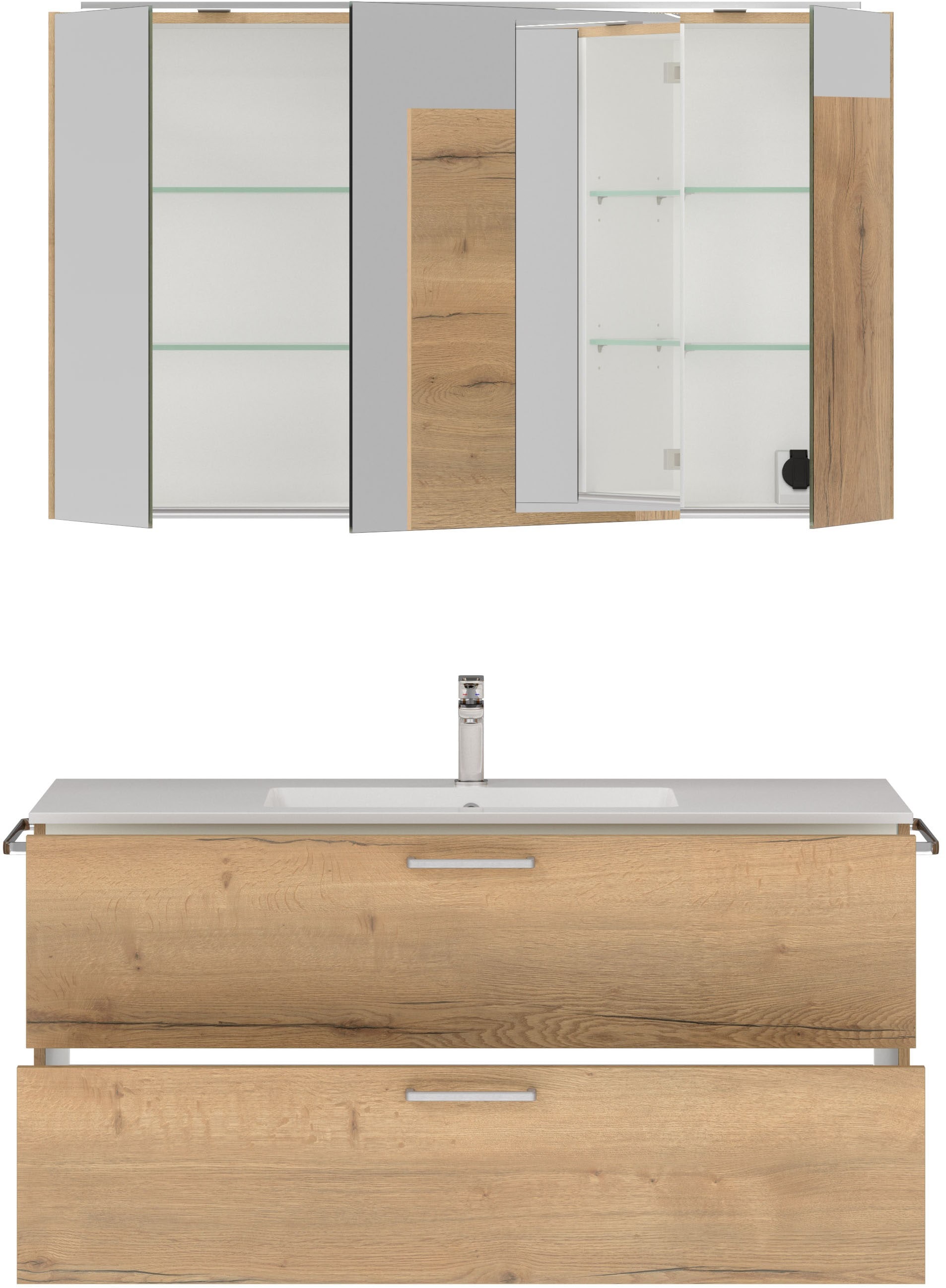 nobilia® Badmöbel-Set »Tolvina«, (2 St., vormontiert, mit Soft-Close), inkl. Spiegelschrank mit Beleuchtung und Dimmerfunktion, in 4 Breiten