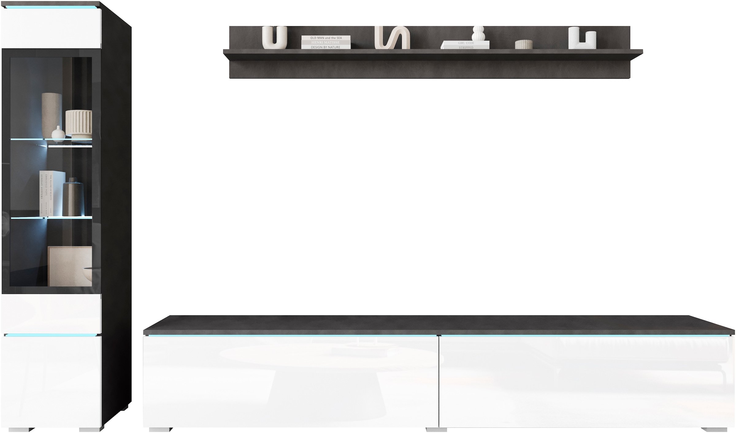 INOSIGN Wohnwand »VERA I, Vitrinen Türanschlag links/rechts wechselbar«, (Komplett-Set, 3 St.), Vitrine mit Verglasung, stehend und hängend, inklusive Beleuchtung