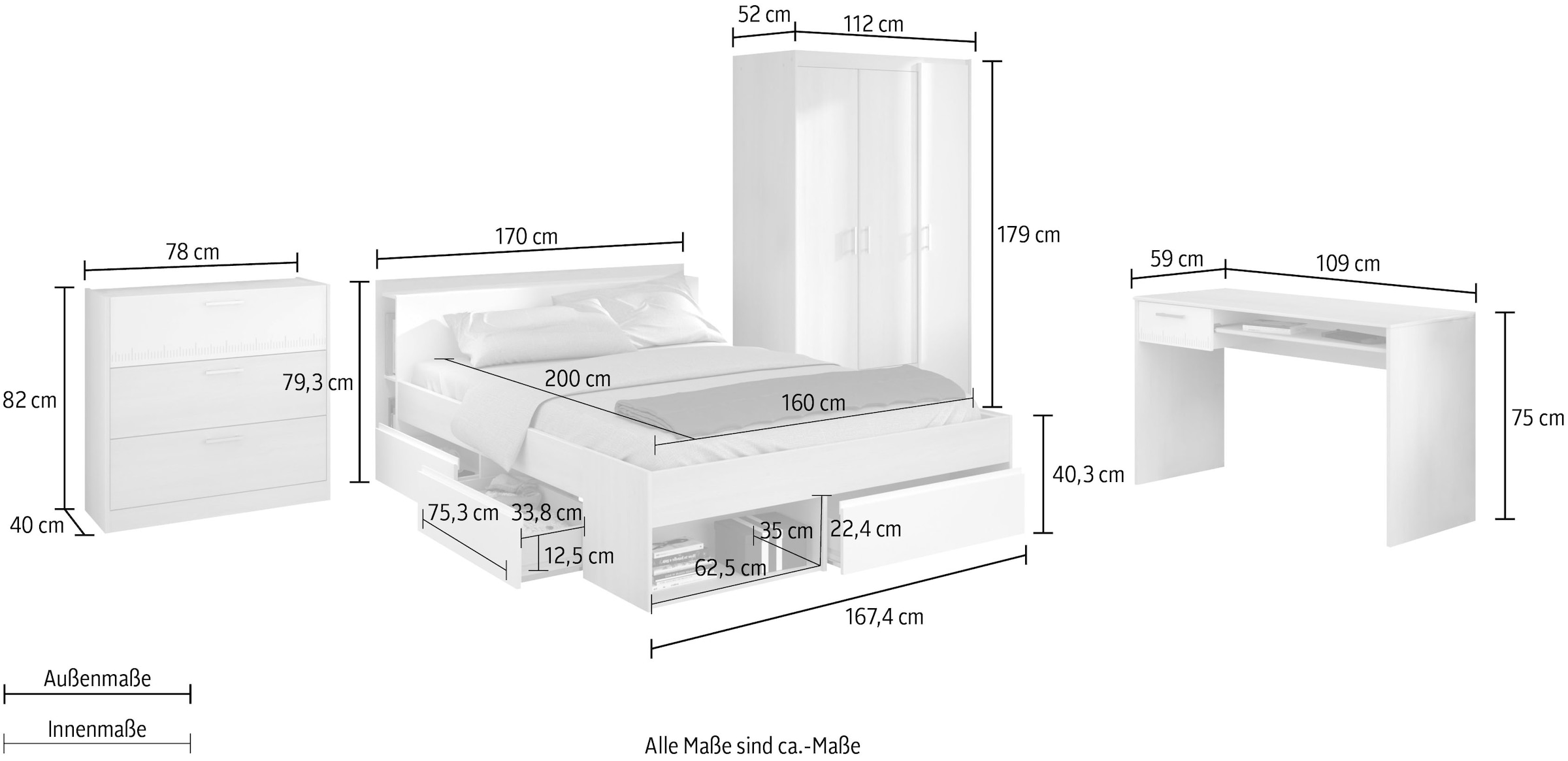 Parisot Jugendzimmer-Set »Most«, (Set, 4 St., Bett mit Schubkästen, Kleiderschrank, Schreibtisch, Schubkastenkommode)