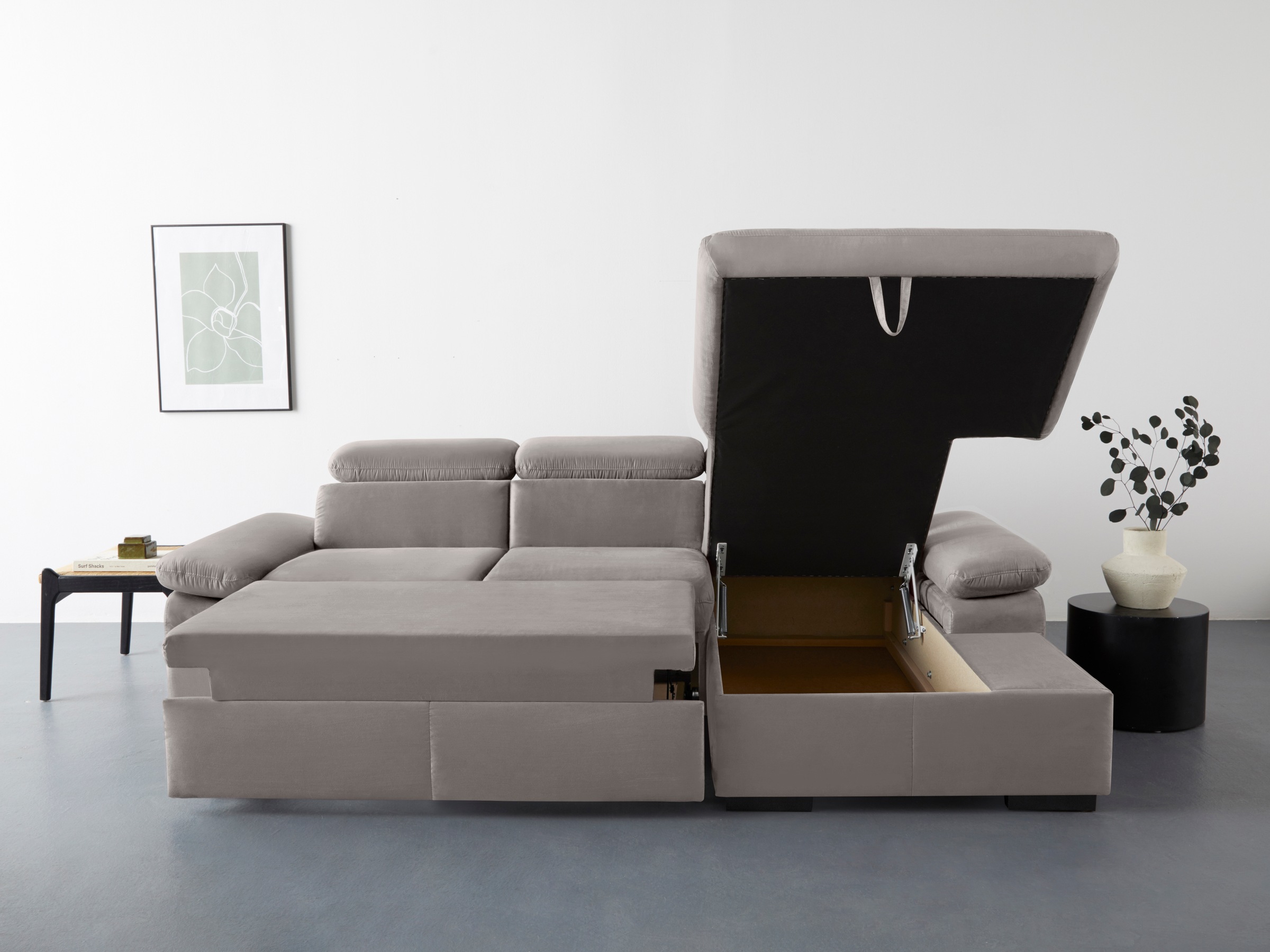 COTTA Ecksofa »Lola L-Form mit Kopfteilfunktion & Hocker«, (Set, mit Hocker), wahlweise mit Bettfunktion, Bettkasten & Armteilverstellung