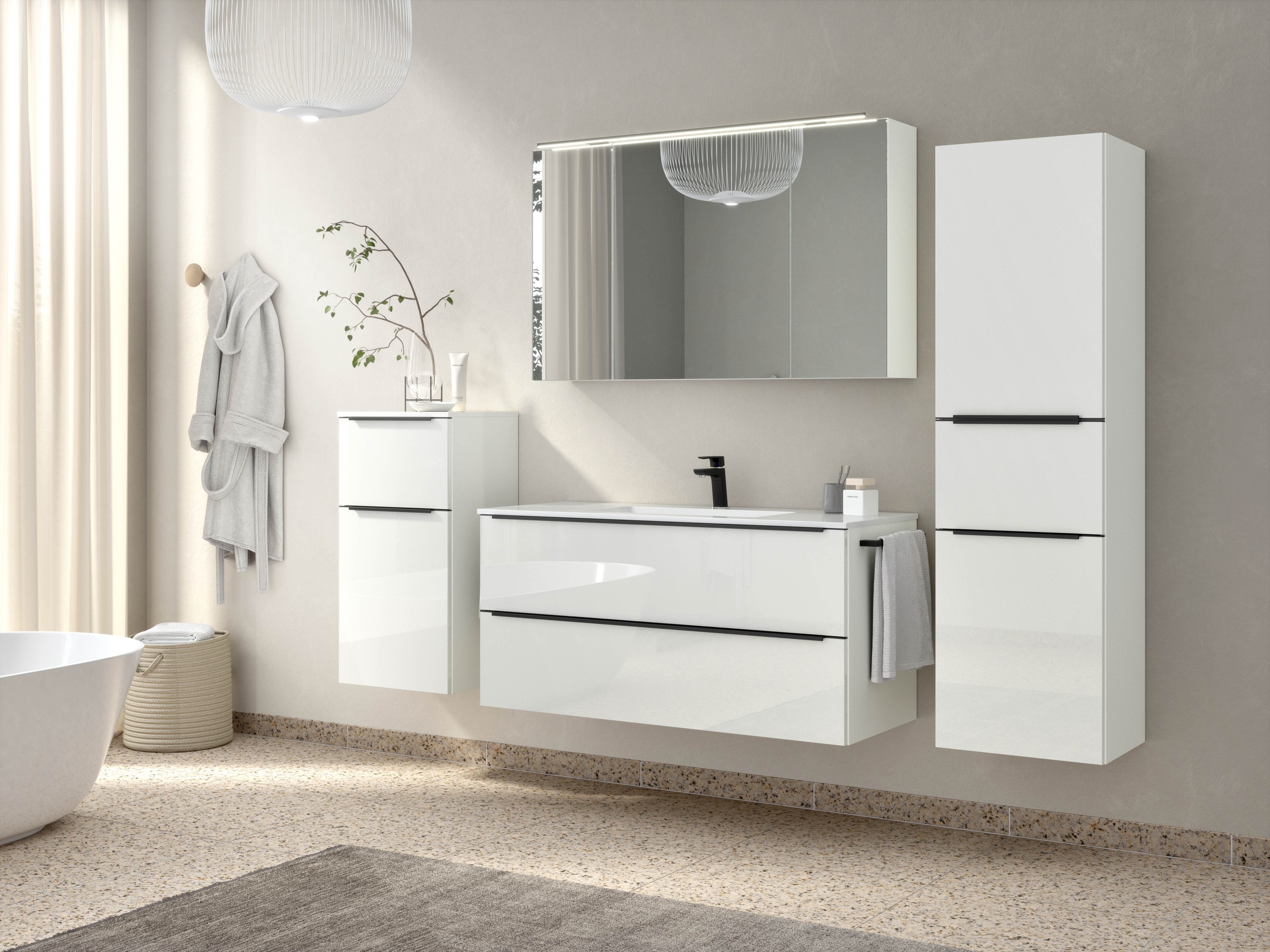 nobilia® Badmöbel-Set »Levere«, (4 St., vormontiert, mit Soft-Close), inkl. Spiegelschrank mit Beleuchtung und Dimmerfunktion, in 4 Breiten