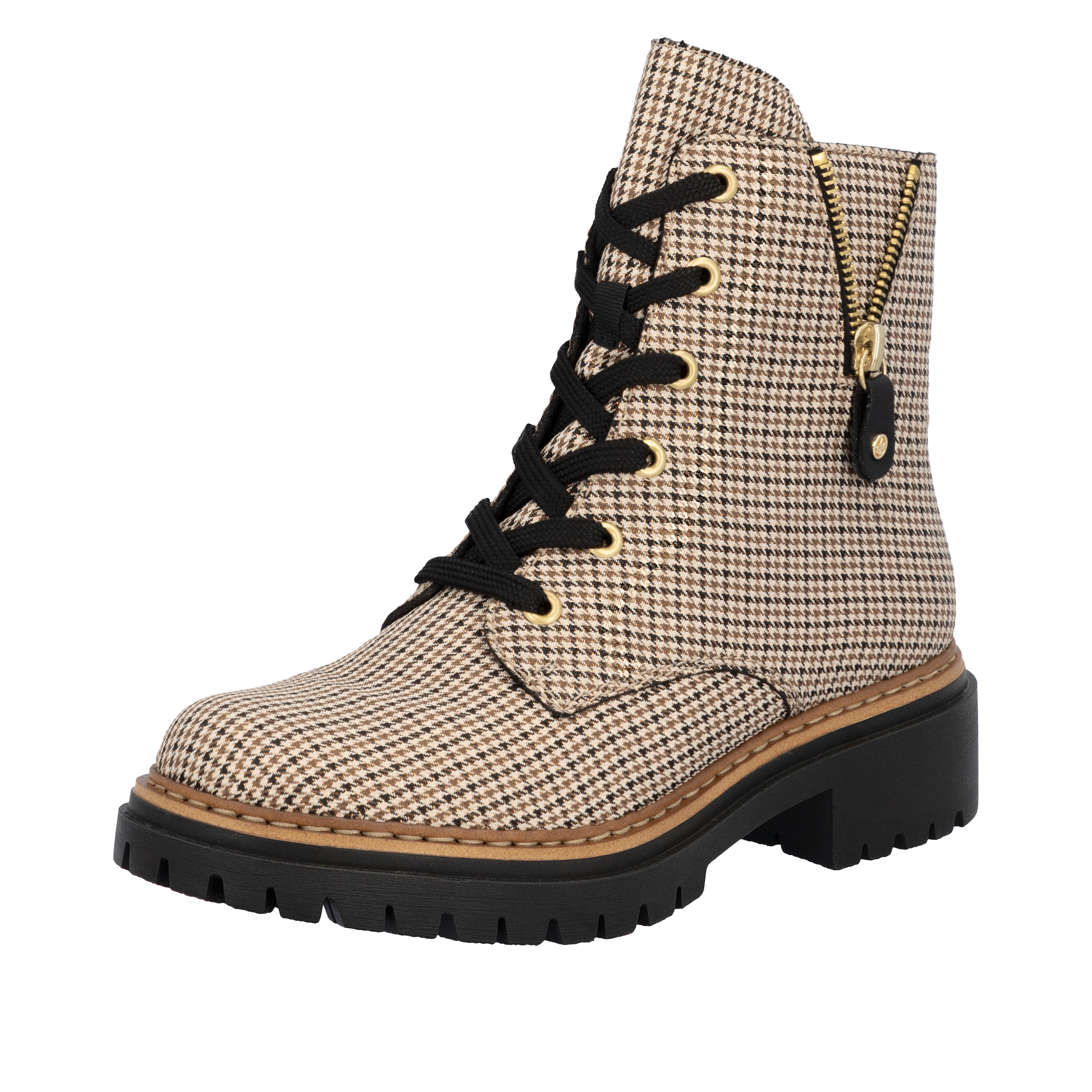 Rieker Schnürstiefelette Schnürboots, Herbstboots, Profilsohle, Blockabsatz, Im Pepita-Look