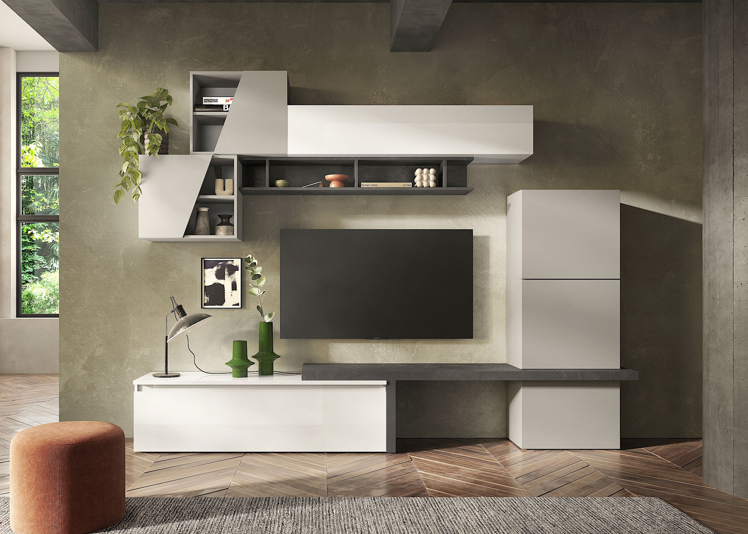 INOSIGN Wohnwand »INFINITY, 9tlg. Breite 280 cm, moderne Mediawand (Lowboard,«, (9 St.), T-Boden, 4x Hängewürfel, Würfel-Element, Wandregal, Hängeschrank)