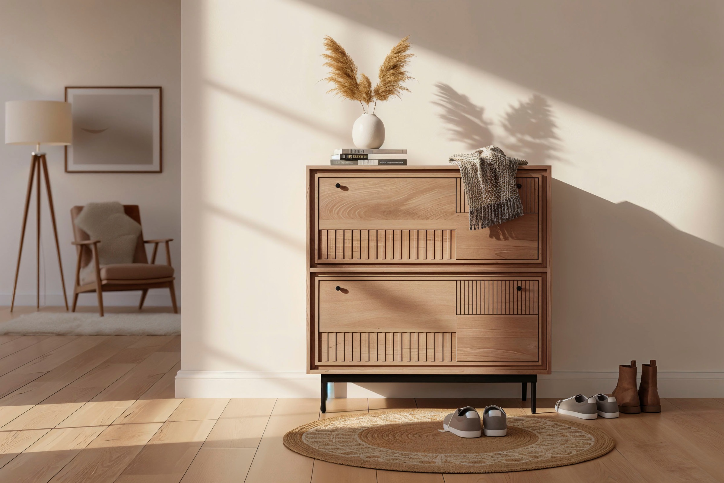 SIT Schuhschrank »Schuhkommode – Massives Holz mit Lamellen‑Front & kunstvollen Holz« 1 Stk. tlg. Massiver Schuhschrank mit Lamellen‑Front & kunstvollen Schnitzereien